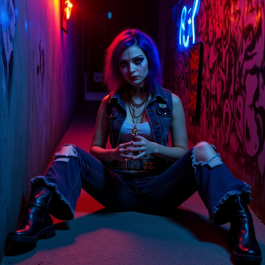 Extreme Punk Girl in Dark Alley: A tight close-up shot frames the defiant young woman,  sitting with legs spread wide,  ha...