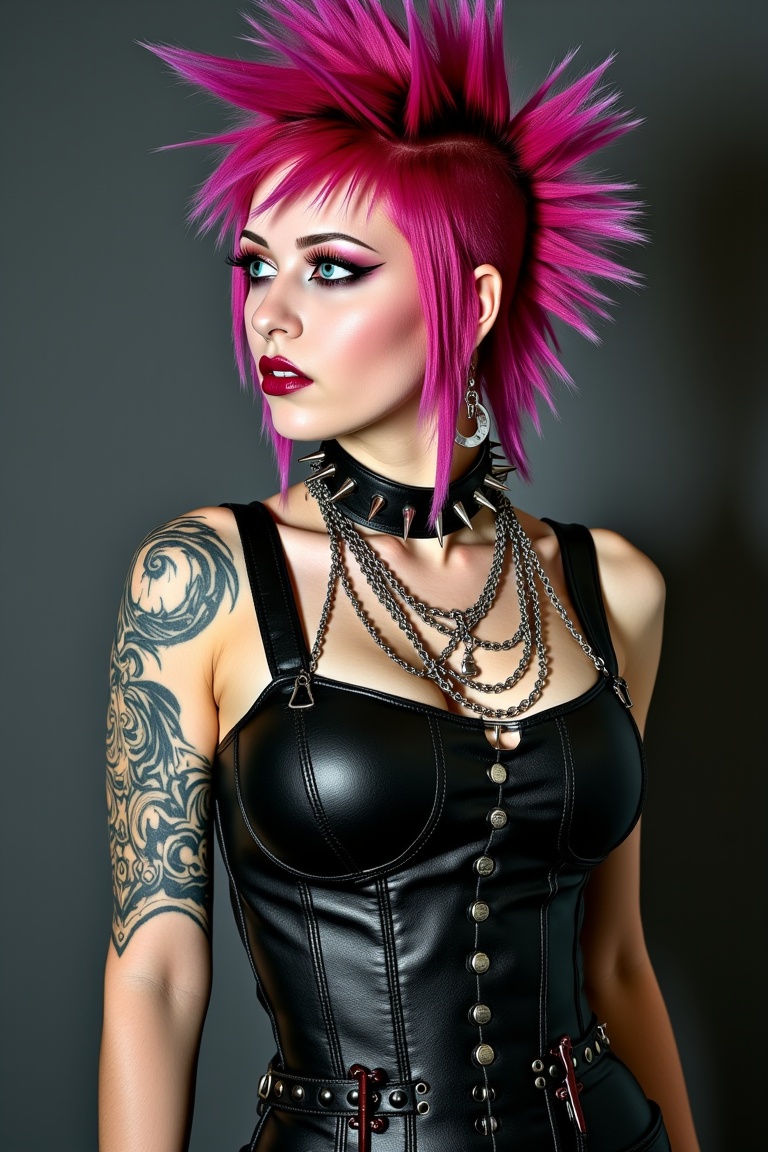 a skin head punk girl with colored spiked mohawk,  wearing an assassin punk rock suit,  with guns and bandolero around the...