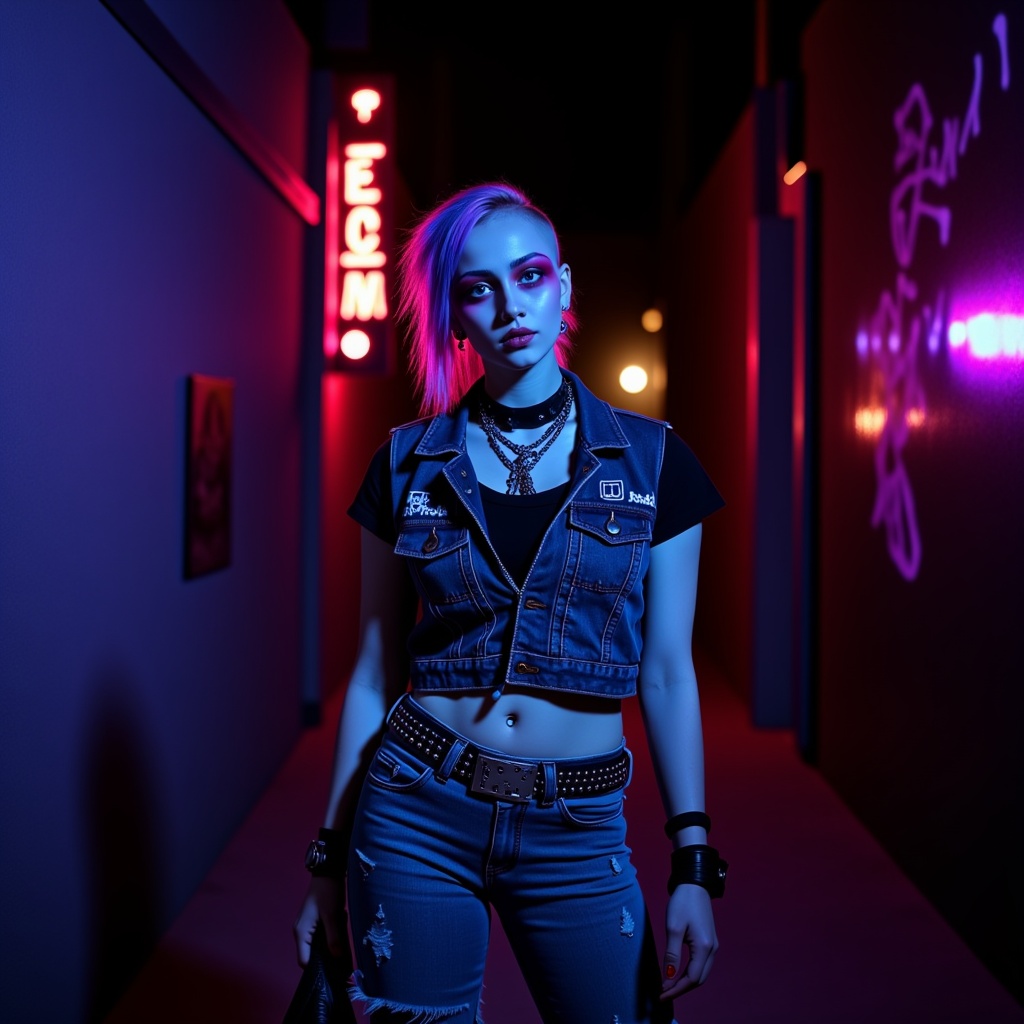 Extreme Punk Girl in Dark Alley: A close-up shot of an edgy,  avant-garde young woman standing in a dimly lit alleyway. Sh...