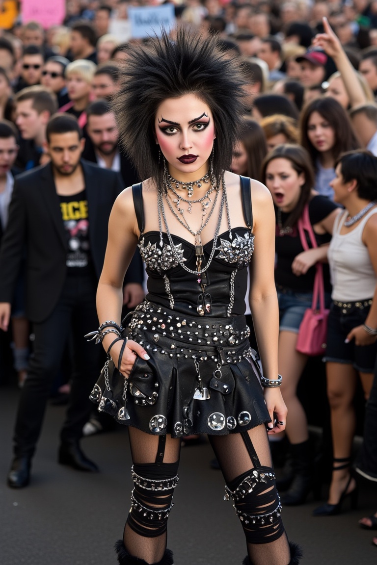 Close-up shot of an extreme punk rocker,  standing defiantly amidst a sea of disapproving faces. Her bold,  80s-inspired m...
