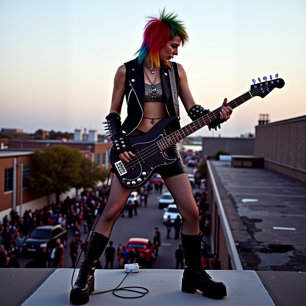 Punk rock woman perched on a rooftop's edge,  her multicolored locks cropped short,  framing her determined expression. Fi...