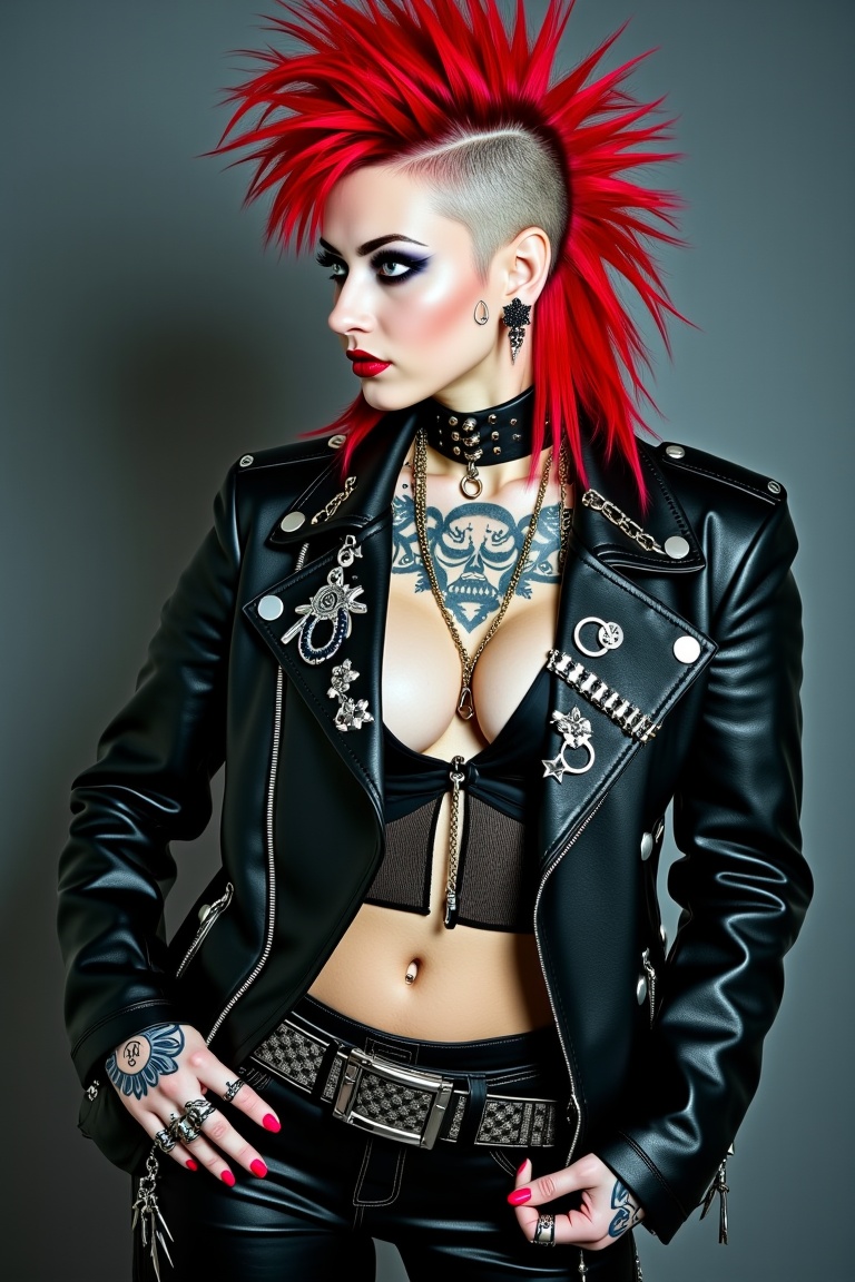 a skin head punk girl with colored spiked mohawk,  wearing an assassin punk rock suit,  with guns and bandolero around the...