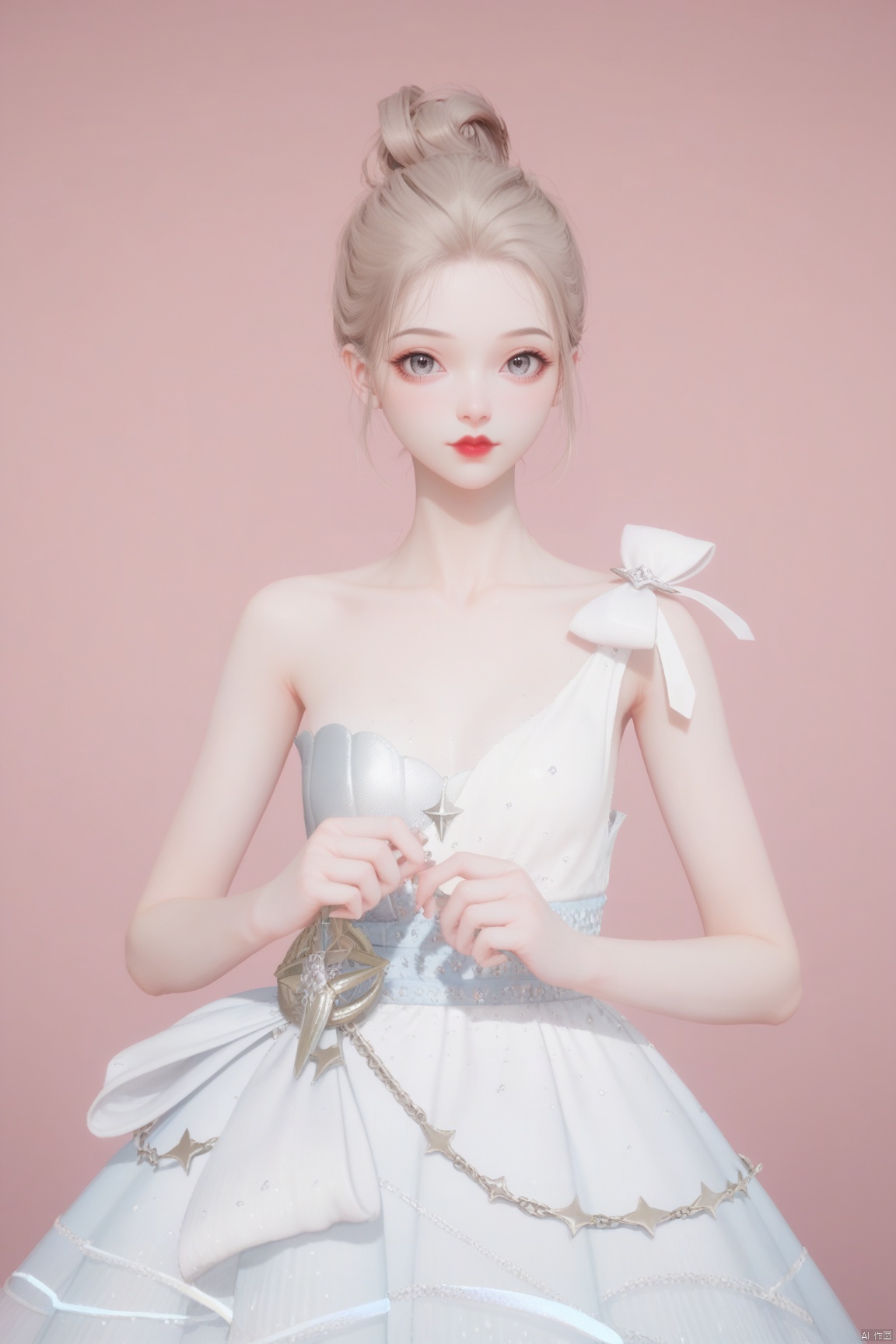 score_10、score_9_up、score_8_up、score_7_up,1girl, solo, looking at viewer, blonde hair, dress,bare shoulders, collarbone, weapon, hair bun, white dress, grey eyes, strapless, single hair bun,  strapless dress, red lips, ballerina