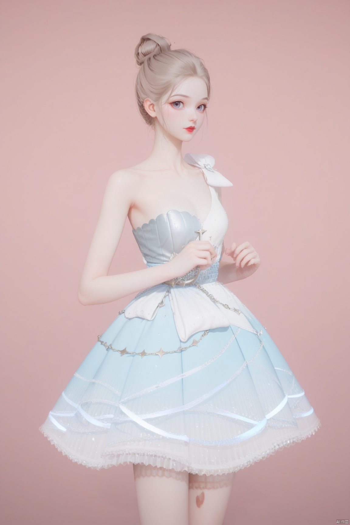 score_10、score_9_up、score_8_up、score_7_up,1girl, solo, looking at viewer, blonde hair, dress,bare shoulders, collarbone, weapon, hair bun, strapless, single hair bun,  strapless dress, red lips, ballerina