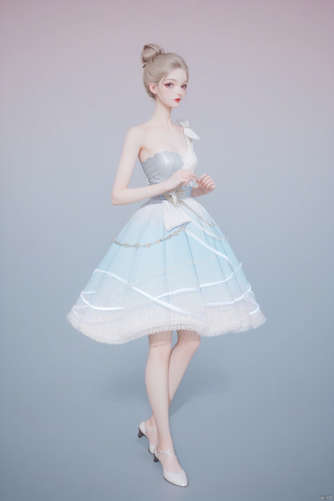 score_10、score_9_up、score_8_up、score_7_up,1girl, solo,full body, looking at viewer, blonde hair, dress,bare shoulders, collarbone, weapon, hair bun, strapless, single hair bun,  strapless dress, red lips, ballerina