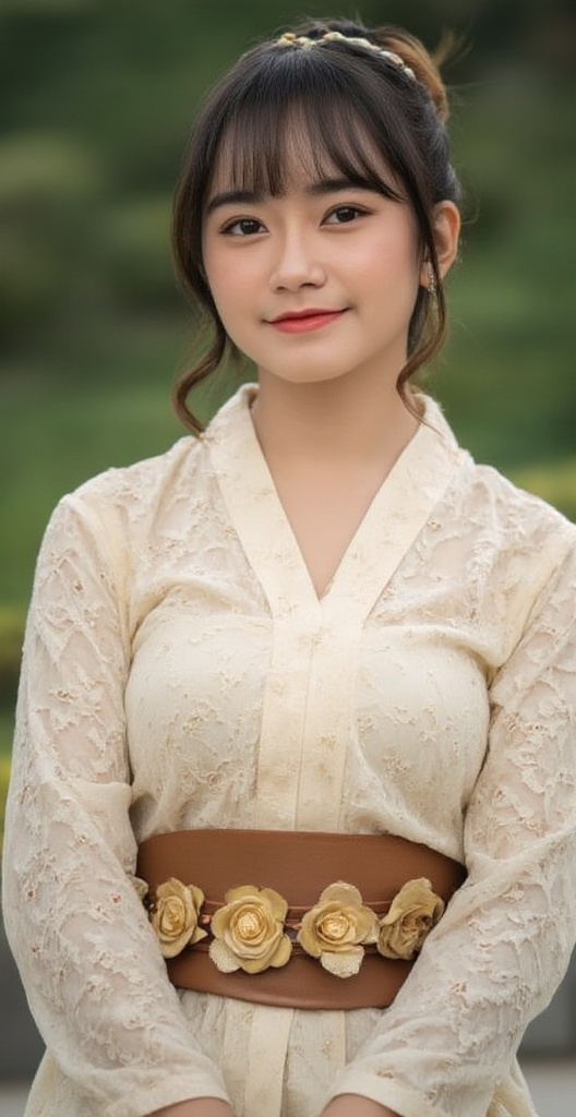 a beautiful Asian woman freyajkt48 is seated on the ground. She is dressed in a beige lace blouse,  adorned with a brown b...