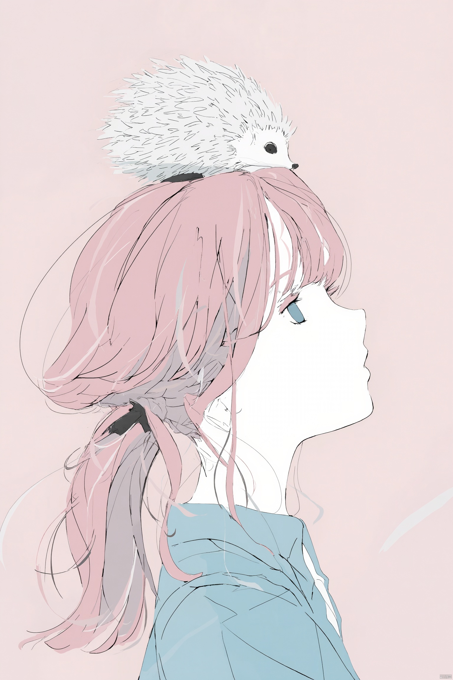 Anime drawing anime girl with long pink hair holding a pen to her lips looking up at a hedgehog on her head soft pink background light blue and black outfit serene expression hand drawn style gentle shadows delicate and whimsical atmosphere., 1girl, solo, simple background, ponytail, on head, animal on head, portrait, profile, from side, shirt, looking up, pink hair, sidelocks, long hair, blue eyes, blue shirt