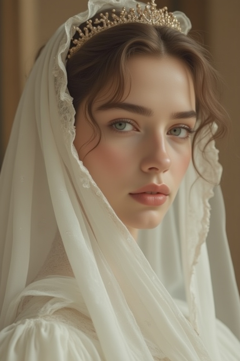 A Byzantine style girl in monastery,  white head-cloths and veils. , on Tensor.Art
