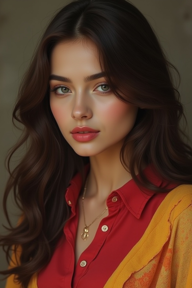 a young Asian woman with long dark brown hair is stunning. She is wearing a gold necklace,  a red button-down shirt,  and...