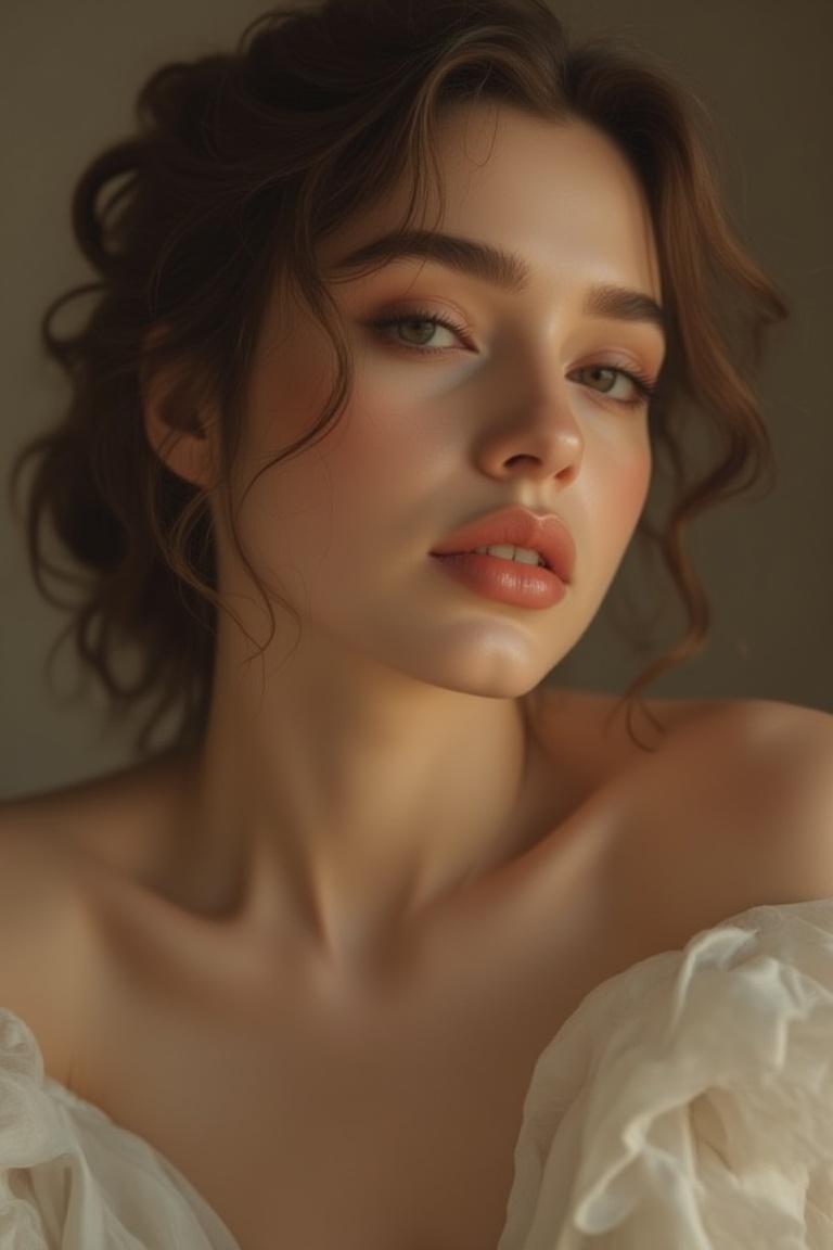 A stunning portrait of a single girl,  exuding elegance and sophistication. She sits in a simple yet striking high-angle c...