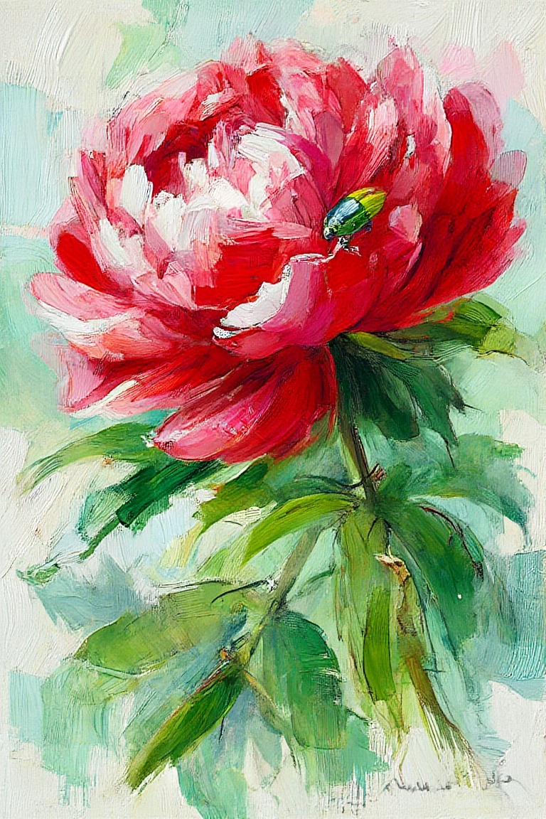 In an abstract impressionist style with thick impasto brush strokes,  the scene depicts a vibrant red and white peony flow...