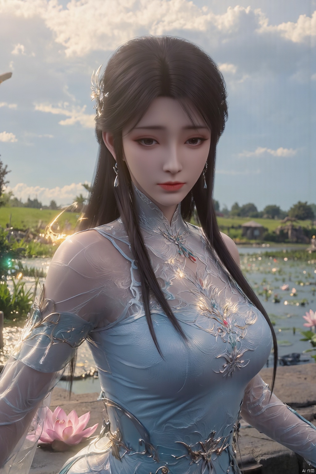 best quality, masterpiece, 1girl, realistic, Highly detailed, (EOS R8, 50mm, F1.2, 8K, RAW photo:1.2), ultra realistic,1 girl, solo focus,peafect body,Long hair,Messy hair,Bangs,hair between eyes,Sidelocks,Hair over shoulder,very long hair,shiny hair,floating hair,Bright eyes,big eyes,detailed eyes,beautiful eyes,hair ornament,hair flower,choker,outdoors,water,flower, in the ((sea of flowers:1.29)), flower field,meadow,beautiful detailed sky,feather,nature,(sunlight),moist skin, shiny skin, glossy skin, perfect lighting, original, highres, dynamic angle, floating,depth of field, caustics,lens flare,warm lighting,(official art,beautiful and aesthetic:1.2),beautiful face, ultra detailed eyes, looking_at_viewer,kind smile,pose for picture,Detail,wings,glint,glowing,(Lotus pond, lotus:1.39), XXE,Xxiaoxuner,Xhuolinger,Xhuijin,Xdajisi,,(big breasts:1.89)