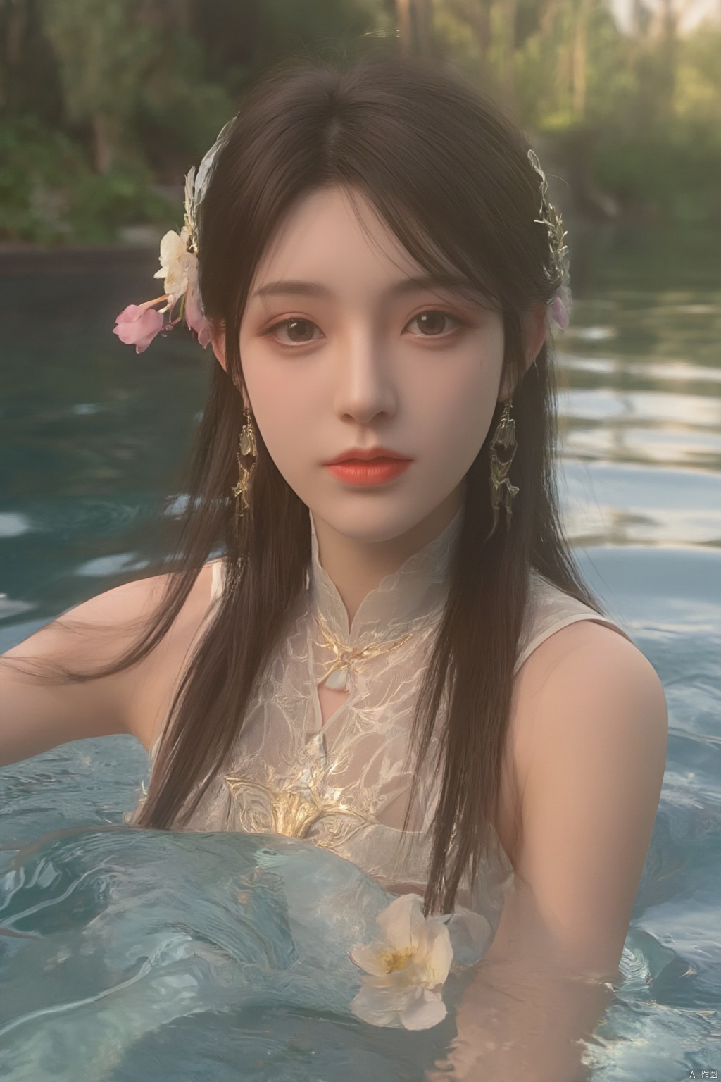 best quality, masterpiece, 1girl, realistic, Highly detailed, (EOS R8, 50mm, F1.2, 8K, RAW photo:1.2), ultra realistic,1 girl, solo focus,peafect body,Long hair,Messy hair,Bangs,hair between eyes,Sidelocks,Hair over shoulder,very long hair,shiny hair,floating hair,Bright eyes,big eyes,detailed eyes,beautiful eyes,hair ornament,hair flower,choker,outdoors,water,flower, in the ((sea of flowers:1.29)), flower field,meadow,beautiful detailed sky,feather,nature,(sunlight),moist skin, shiny skin, glossy skin, perfect lighting, original, highres, dynamic angle, floating,depth of field, caustics,lens flare,warm lighting,(official art,beautiful and aesthetic:1.2),beautiful face, ultra detailed eyes, looking_at_viewer,kind smile,pose for picture,Detail,wings,glint,glowing,(Lotus pond, lotus:1.39), XXE,Xxiaoxuner,Xhuolinger,Xhuijin,Xdajisi,,(big breasts:1.89)