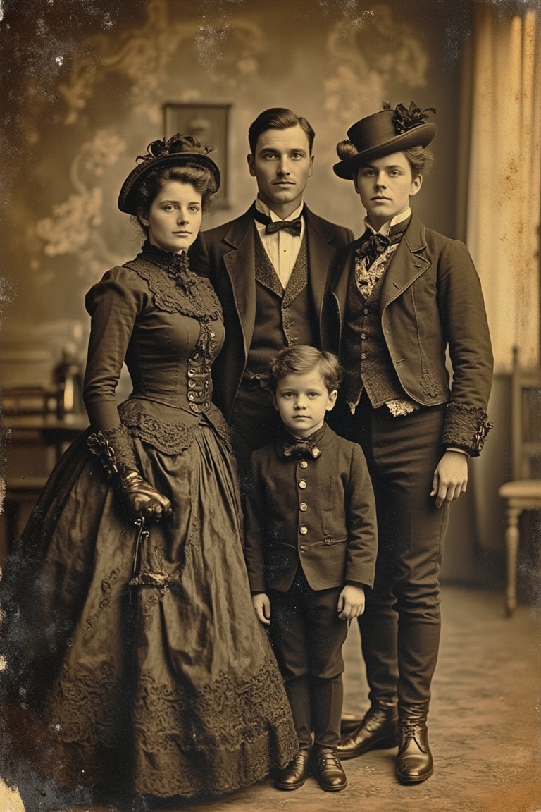 A faded old photo with a 1940s vibe,  featuring a family dressed in steampunk Victorian clothing. The shot is framed in a...