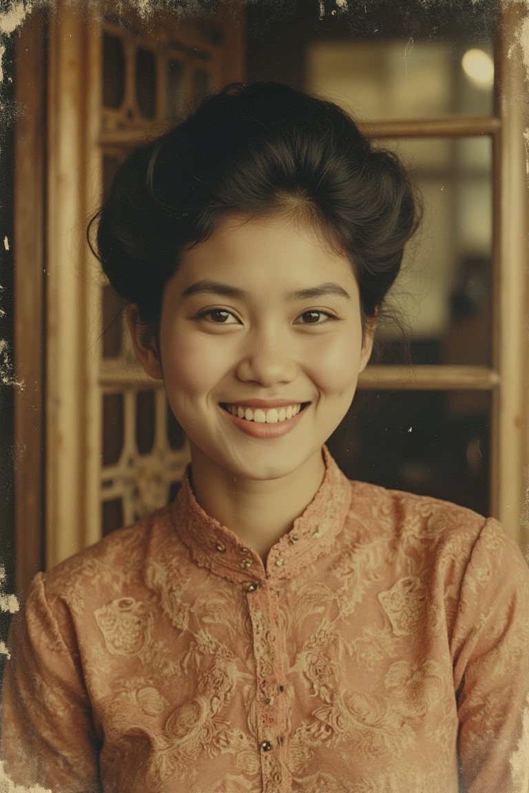 A faded old photo of a beautiful Malay woman with a classic 1960s hairstyle,  black hair,  and a warm smile on Tensor.Art