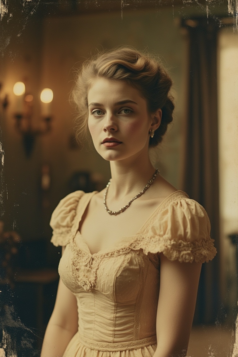 A faded old photo with a 1940s vibe,  featuring a woman in a Victorian-style dress,  blonde hair elegantly styled. The sho...