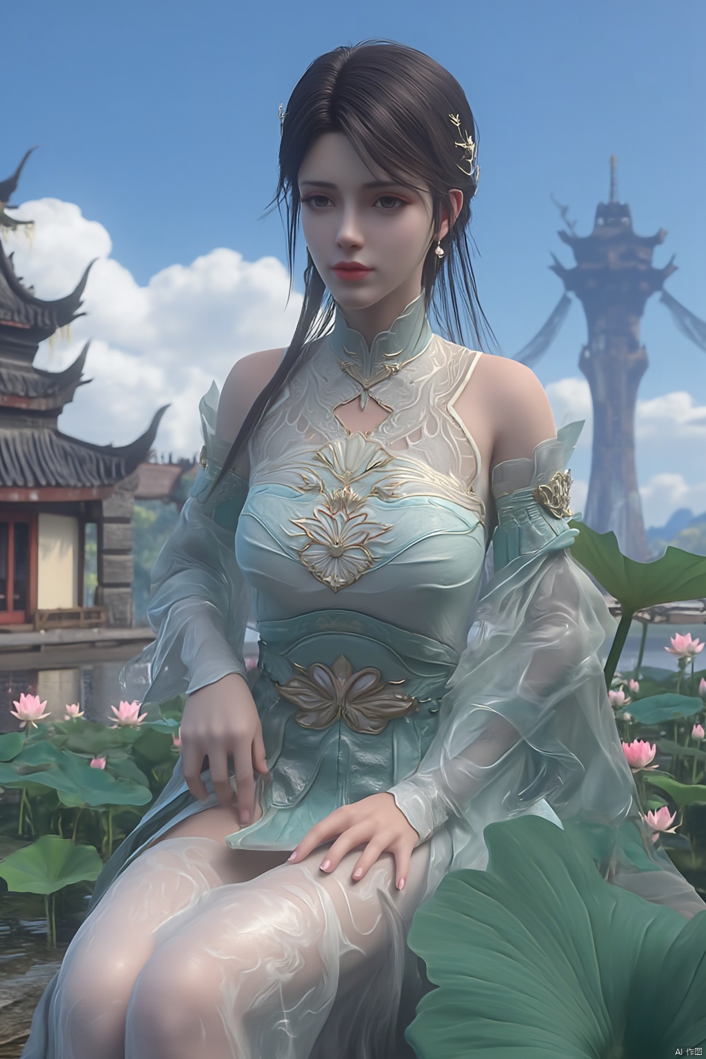 1girl,Xxiaoxuner,Lotus, blue sky, white clouds, and ancient Chinese architecture in the background, ,(huge breasts:1.59),(Sitting on the lotus pond porch:1.49) ,(A pond full of pink lotus flowers:1.5),Xyunxiao,Xsonghanfu,Xheziqun,Xhuolinger