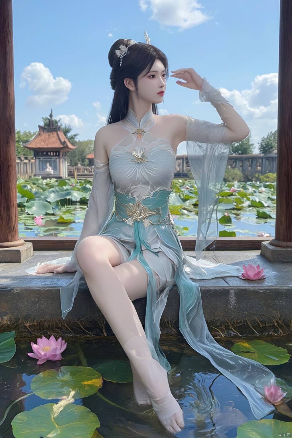 1girl,Xxiaoxuner,Lotus, blue sky, white clouds, and ancient Chinese architecture in the background, ,(huge breasts:1.59),(Sitting on the lotus pond porch:1.49) ,(A pond full of pink lotus flowers:1.5),Xyunxiao,Xsonghanfu,Xheziqun,Xhuolinger