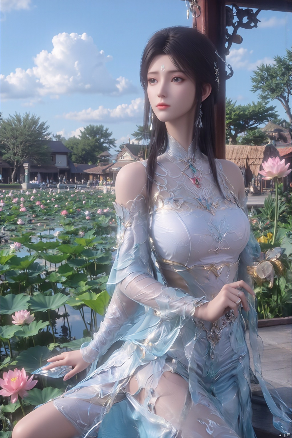 1girl,Xxiaoxuner,Lotus, blue sky, white clouds, and ancient Chinese architecture in the background, ,(huge breasts:1.59),(Sitting on the lotus pond porch:1.49) ,(A pond full of pink lotus flowers:1.5),Xyunxiao,Xsonghanfu,Xheziqun,Xhuolinger