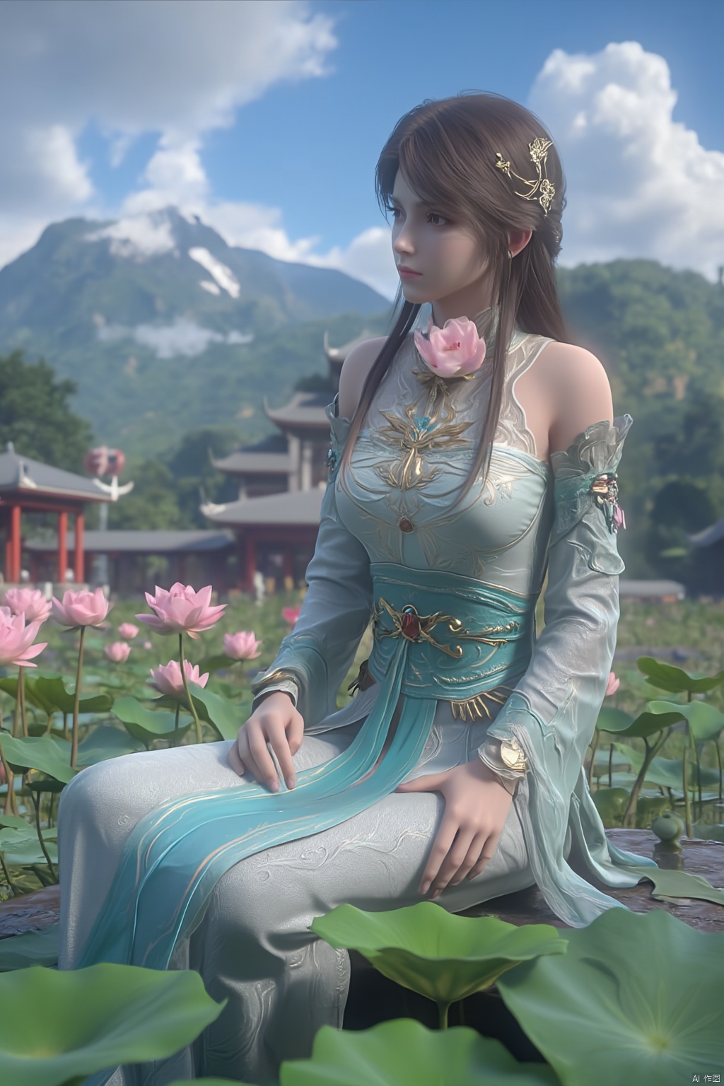 1girl,Xxiaoxuner,Lotus, blue sky, white clouds, and ancient Chinese architecture in the background, ,(huge breasts:1.59),(Sitting on the lotus pond porch:1.49) ,(A pond full of pink lotus flowers:1.5),Xyunxiao,Xsonghanfu,Xheziqun,Xhuolinger