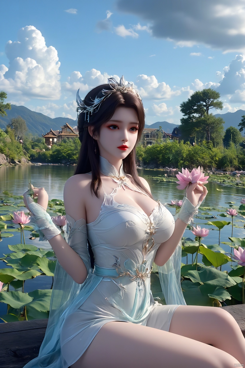 1girl,Xxiaoxuner,Lotus, blue sky, white clouds, and ancient Chinese architecture in the background, ,(huge breasts:1.59),(Sitting on the lotus pond porch:1.49) ,(A pond full of pink lotus flowers:1.5),Xyunxiao,Xsonghanfu,Xheziqun,Xhuolinger
