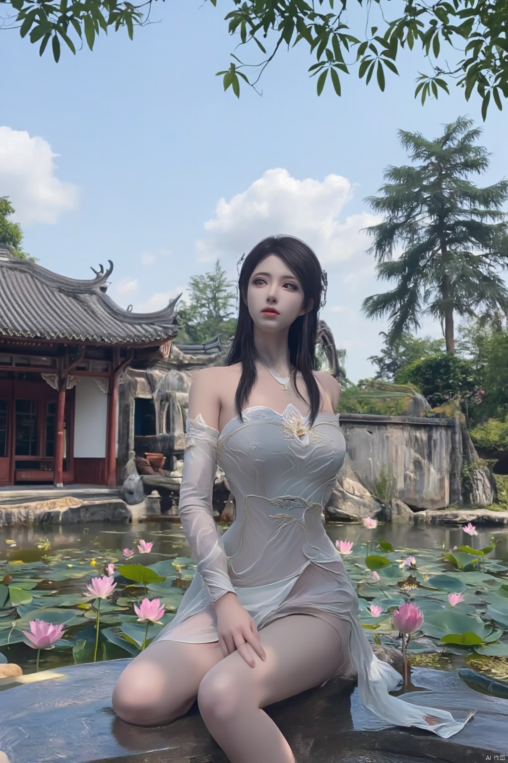 1girl,Xxiaoxuner,Lotus, blue sky, white clouds, and ancient Chinese architecture in the background, ,(huge breasts:1.59),(Sitting on the lotus pond porch:1.49) ,(A pond full of pink lotus flowers:1.5),Xyunxiao,Xsonghanfu,Xheziqun,Xhuolinger