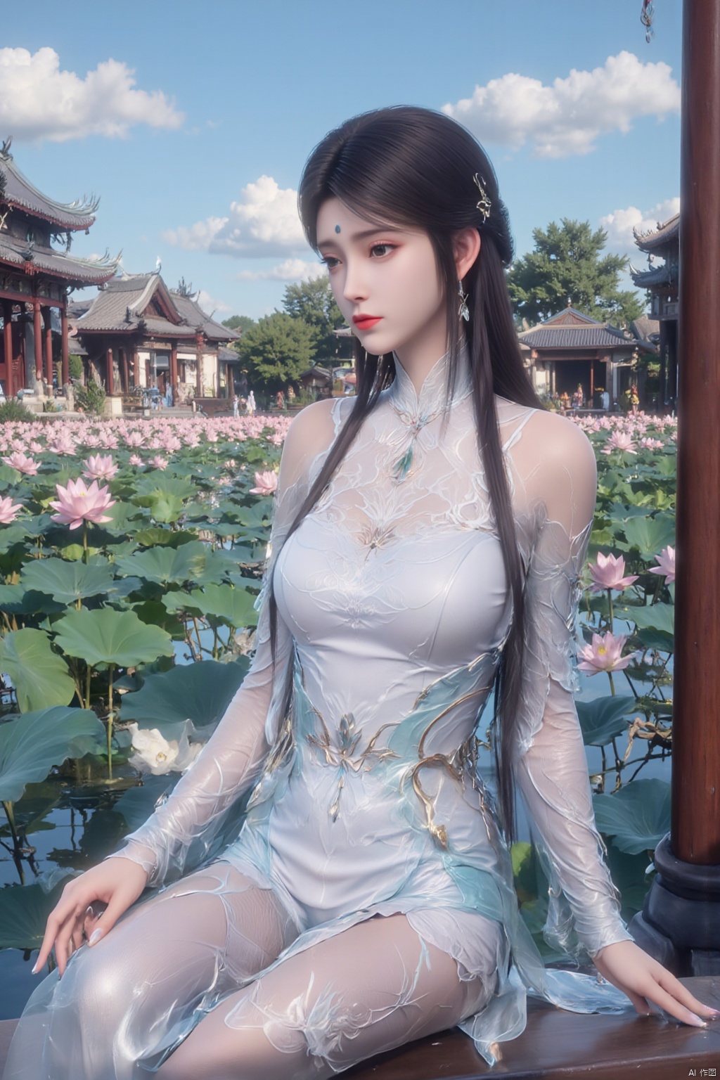 1girl,Xxiaoxuner,Lotus, blue sky, white clouds, and ancient Chinese architecture in the background, ,(huge breasts:1.59),(Sitting on the lotus pond porch:1.49) ,(A pond full of pink lotus flowers:1.5),Xyunxiao,Xsonghanfu,Xheziqun,Xhuolinger