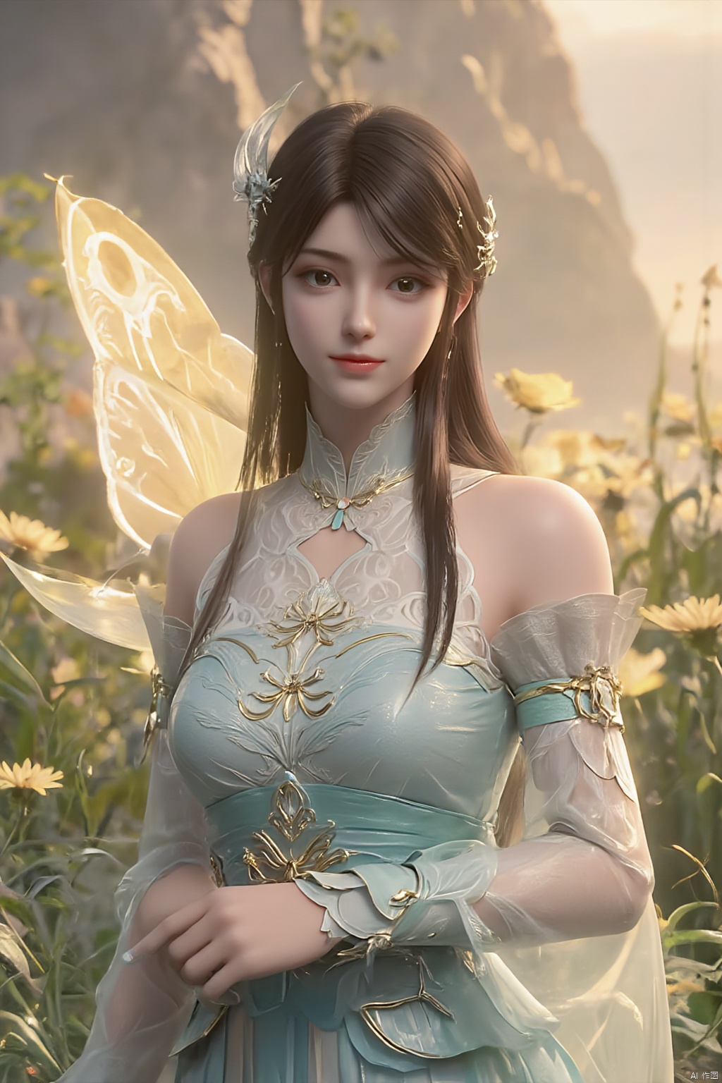 best quality, masterpiece, 1girl, realistic, Highly detailed, (EOS R8, 50mm, F1.2, 8K, RAW photo:1.2), ultra realistic 8k cg,1 girl, solo focus,peafect body,Long hair,Messy hair,Bangs,hair between eyes,Sidelocks,Hair over shoulder,very long hair,shiny hair,floating hair,Bright eyes,big eyes,detailed eyes,beautiful eyes,hair ornament,hair flower,choker,frilled dress with lace,long dress,pleated dress,[loli],,outdoors,water,flower, in the ((sea of flowers)), flower field,meadow,beautiful detailed sky,feather,nature,(sunlight), skirt up,,moist skin, shiny skin, glossy skin, (best illumination, best shadow, extremely delicate and beautiful), perfect lighting, original, highres, dynamic angle, floating,depth of field, caustics,lens flare,warm lighting,(official art,beautiful and aesthetic:1.2),beautiful face, ultra detailed eyes, looking_at_viewer,kind smile,pose for picture,huolinger,, liuyifei, ((poakl)), Detail,wings,glint,glowing,(A crystal butterfly:1.4), XXE,Xxiaoxuner,Xhuolinger,Xhuijin,Xdajisi,,(big breasts:1.69)