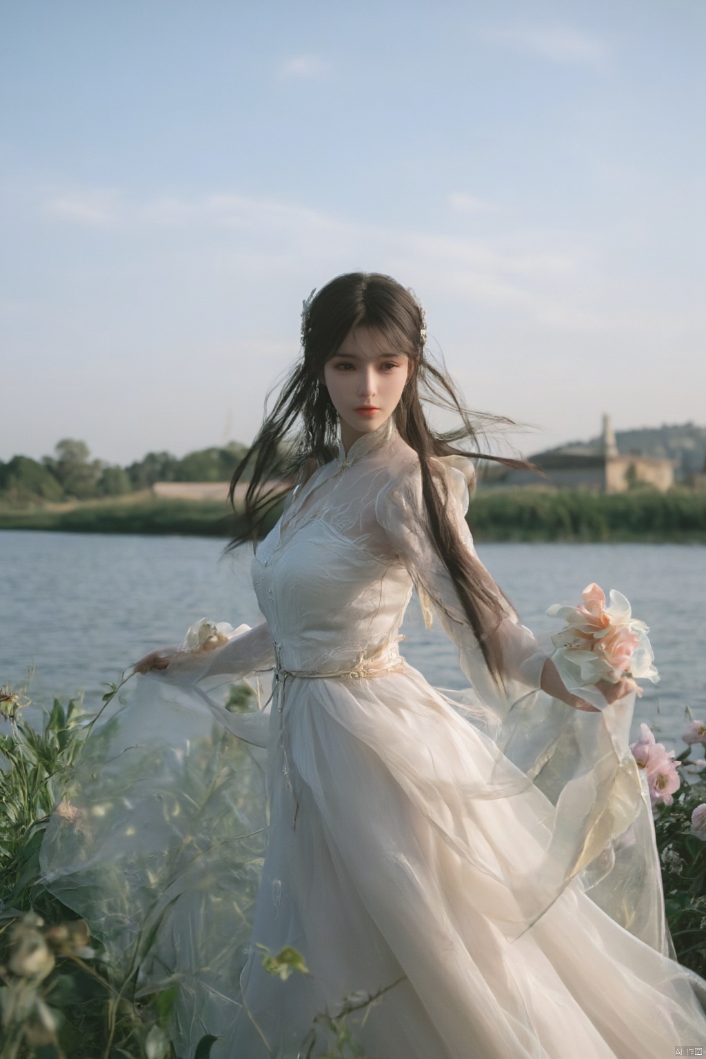 best quality, masterpiece, 1girl, realistic, Highly detailed, (EOS R8, 50mm, F1.2, 8K, RAW photo:1.2), ultra realistic 8k cg,1 girl, solo focus,peafect body,Long hair,Messy hair,Bangs,hair between eyes,Sidelocks,Hair over shoulder,very long hair,shiny hair,floating hair,Bright eyes,big eyes,detailed eyes,beautiful eyes,hair ornament,hair flower,choker,frilled dress with lace,long dress,pleated dress,[loli],,outdoors,water,flower, in the ((sea of flowers)), flower field,meadow,beautiful detailed sky,feather,nature,(sunlight), skirt up,,moist skin, shiny skin, glossy skin, (best illumination, best shadow, extremely delicate and beautiful), perfect lighting, original, highres, dynamic angle, floating,depth of field, caustics,lens flare,warm lighting,(official art,beautiful and aesthetic:1.2),beautiful face, ultra detailed eyes, looking_at_viewer,kind smile,pose for picture,huolinger,, liuyifei, ((poakl)), Detail,wings,glint,glowing,(A crystal butterfly:1.4), XXE,Xxiaoxuner,Xhuolinger,Xhuijin,Xdajisi,,(big breasts:1.69)