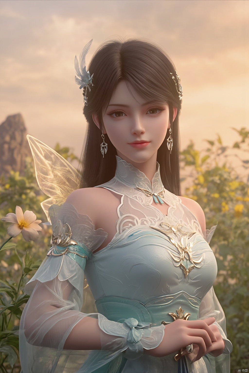  HDR, UHD, 8K, Highly detailed, best quality, masterpiece, 1girl, realistic, Highly detailed, (EOS R8, 50mm, F1.2, 8K, RAW photo:1.2), ultra realistic 8k cg,1 girl, solo focus,peafect body,Long hair,Messy hair,Bangs,hair between eyes,Sidelocks,Hair over shoulder,very long hair,shiny hair,floating hair,Bright eyes,big eyes,detailed eyes,beautiful eyes,hair ornament,hair flower,choker,frilled dress with lace,long dress,pleated dress,[loli],,outdoors,water,flower, in the ((sea of flowers)), flower field,meadow,beautiful detailed sky,feather,nature,(sunlight), skirt up,,moist skin, shiny skin, glossy skin, (best illumination, best shadow, extremely delicate and beautiful), perfect lighting, original, highres, dynamic angle, floating,depth of field, caustics,lens flare,warm lighting,(official art,beautiful and aesthetic:1.2),beautiful face, ultra detailed eyes, looking_at_viewer,kind smile,pose for picture,huolinger,, liuyifei, ((poakl)), Detail,wings,glint,glowing,(A crystal butterfly:1.4), XXE,Xxiaoxuner,Xhuolinger,Xhuijin,Xdajisi,,(big breasts:1.69)