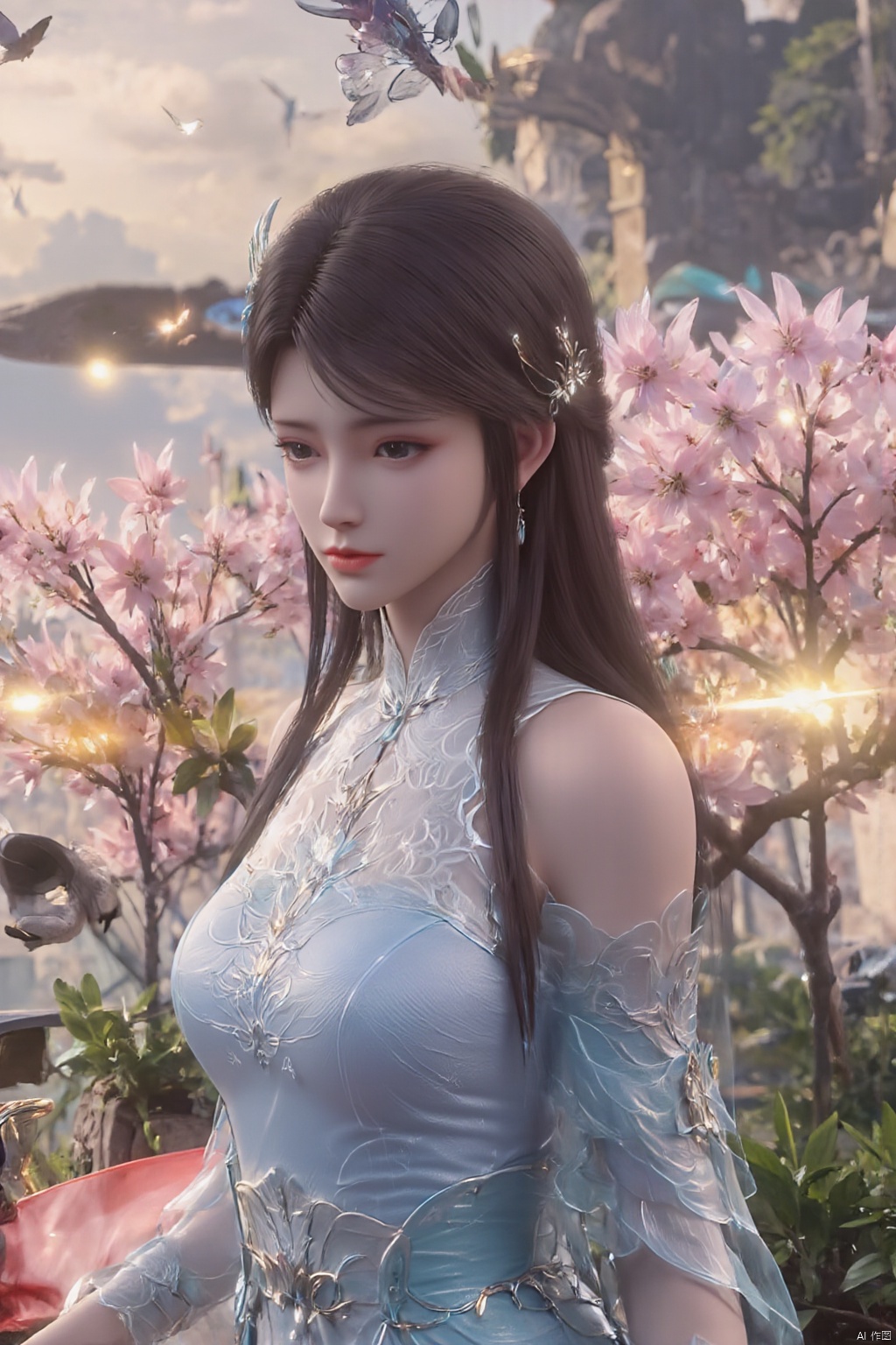  HDR, UHD, 8K, Highly detailed, best quality, masterpiece, 1girl, realistic, Highly detailed, (EOS R8, 50mm, F1.2, 8K, RAW photo:1.2), ultra realistic 8k cg,1 girl, solo focus,peafect body,Long hair,Messy hair,Bangs,hair between eyes,Sidelocks,Hair over shoulder,very long hair,shiny hair,floating hair,Bright eyes,big eyes,detailed eyes,beautiful eyes,hair ornament,hair flower,choker,frilled dress with lace,long dress,pleated dress,[loli],,outdoors,water,flower, in the ((sea of flowers)), flower field,meadow,beautiful detailed sky,feather,nature,(sunlight), skirt up,,moist skin, shiny skin, glossy skin, (best illumination, best shadow, extremely delicate and beautiful), perfect lighting, original, highres, dynamic angle, floating,depth of field, caustics,lens flare,warm lighting,(official art,beautiful and aesthetic:1.2),beautiful face, ultra detailed eyes, looking_at_viewer,kind smile,pose for picture,huolinger,, liuyifei, ((poakl)), Detail,wings,glint,glowing,(A crystal butterfly:1.4), XXE,Xxiaoxuner,Xhuolinger,Xhuijin,Xdajisi