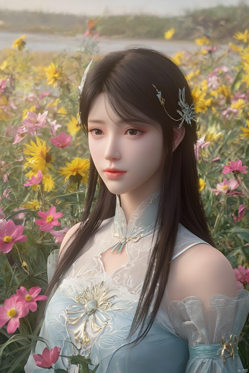 best quality, masterpiece, 1girl, realistic, Highly detailed, (EOS R8, 50mm, F1.2, 8K, RAW photo:1.2), ultra realistic 8k cg,1 girl, solo focus,peafect body,Long hair,Messy hair,Bangs,hair between eyes,Sidelocks,Hair over shoulder,very long hair,shiny hair,floating hair,Bright eyes,big eyes,detailed eyes,beautiful eyes,hair ornament,hair flower,choker,frilled dress with lace,long dress,pleated dress,[loli],,outdoors,water,flower, in the ((sea of flowers)), flower field,meadow,beautiful detailed sky,feather,nature,(sunlight), skirt up,,moist skin, shiny skin, glossy skin, (best illumination, best shadow, extremely delicate and beautiful), perfect lighting, original, highres, dynamic angle, floating,depth of field, caustics,lens flare,warm lighting,(official art,beautiful and aesthetic:1.2),beautiful face, ultra detailed eyes, looking_at_viewer,kind smile,pose for picture,huolinger,, liuyifei, ((poakl)), Detail,wings,glint,glowing,(A crystal butterfly:1.4), XXE,Xxiaoxuner,Xhuolinger,Xhuijin,Xdajisi,,(big breasts:1.69)
