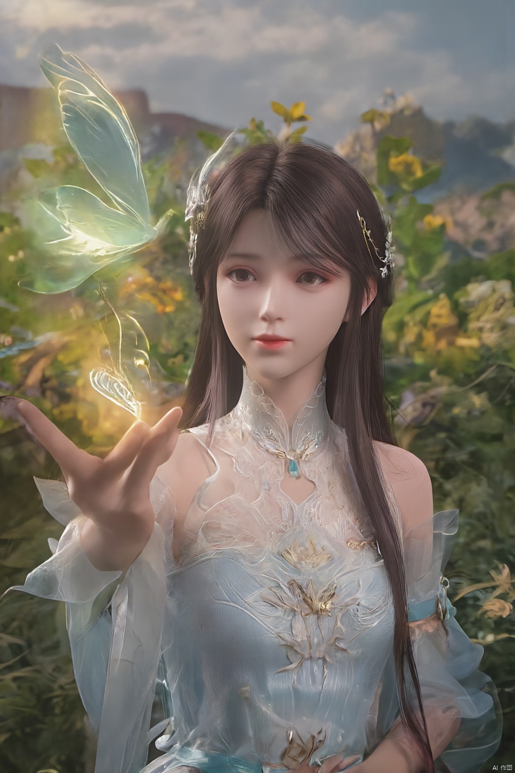 best quality, masterpiece, 1girl, realistic, Highly detailed, (EOS R8, 50mm, F1.2, 8K, RAW photo:1.2), ultra realistic 8k cg,1 girl, solo focus,peafect body,Long hair,Messy hair,Bangs,hair between eyes,Sidelocks,Hair over shoulder,very long hair,shiny hair,floating hair,Bright eyes,big eyes,detailed eyes,beautiful eyes,hair ornament,hair flower,choker,frilled dress with lace,long dress,pleated dress,[loli],,outdoors,water,flower, in the ((sea of flowers)), flower field,meadow,beautiful detailed sky,feather,nature,(sunlight), skirt up,,moist skin, shiny skin, glossy skin, (best illumination, best shadow, extremely delicate and beautiful), perfect lighting, original, highres, dynamic angle, floating,depth of field, caustics,lens flare,warm lighting,(official art,beautiful and aesthetic:1.2),beautiful face, ultra detailed eyes, looking_at_viewer,kind smile,pose for picture,huolinger,, liuyifei, ((poakl)), Detail,wings,glint,glowing,(A crystal butterfly:1.4), XXE,Xxiaoxuner,Xhuolinger,Xhuijin,Xdajisi,,(big breasts:1.69)