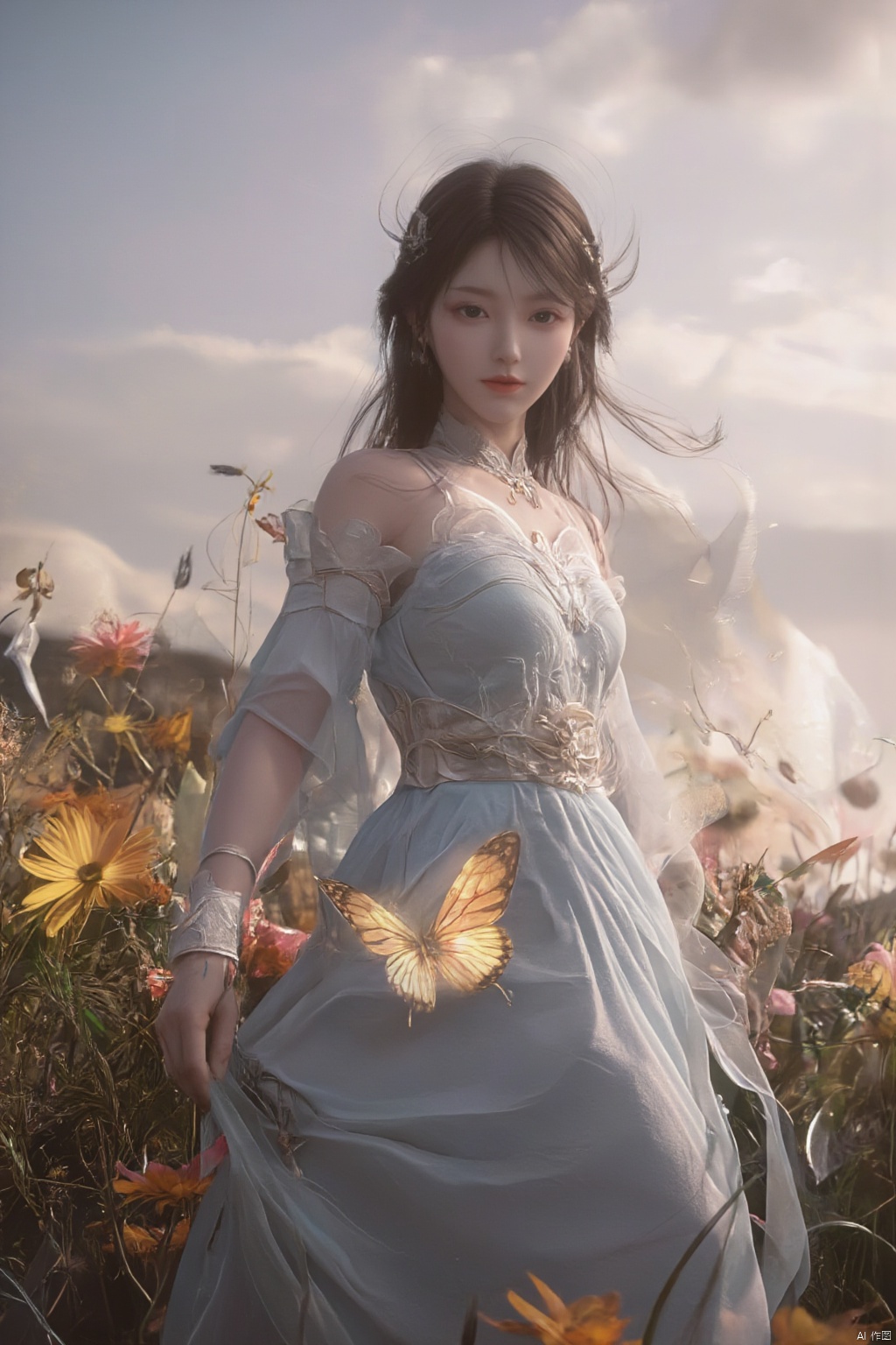 best quality, masterpiece, 1girl, realistic, Highly detailed, (EOS R8, 50mm, F1.2, 8K, RAW photo:1.2), ultra realistic 8k cg,1 girl, solo focus,peafect body,Long hair,Messy hair,Bangs,hair between eyes,Sidelocks,Hair over shoulder,very long hair,shiny hair,floating hair,Bright eyes,big eyes,detailed eyes,beautiful eyes,hair ornament,hair flower,choker,frilled dress with lace,long dress,pleated dress,[loli],,outdoors,water,flower, in the ((sea of flowers)), flower field,meadow,beautiful detailed sky,feather,nature,(sunlight), skirt up,,moist skin, shiny skin, glossy skin, (best illumination, best shadow, extremely delicate and beautiful), perfect lighting, original, highres, dynamic angle, floating,depth of field, caustics,lens flare,warm lighting,(official art,beautiful and aesthetic:1.2),beautiful face, ultra detailed eyes, looking_at_viewer,kind smile,pose for picture,huolinger,, liuyifei, ((poakl)), Detail,wings,glint,glowing,(A crystal butterfly:1.4), XXE,Xxiaoxuner,Xhuolinger,Xhuijin,Xdajisi,,(big breasts:1.69)