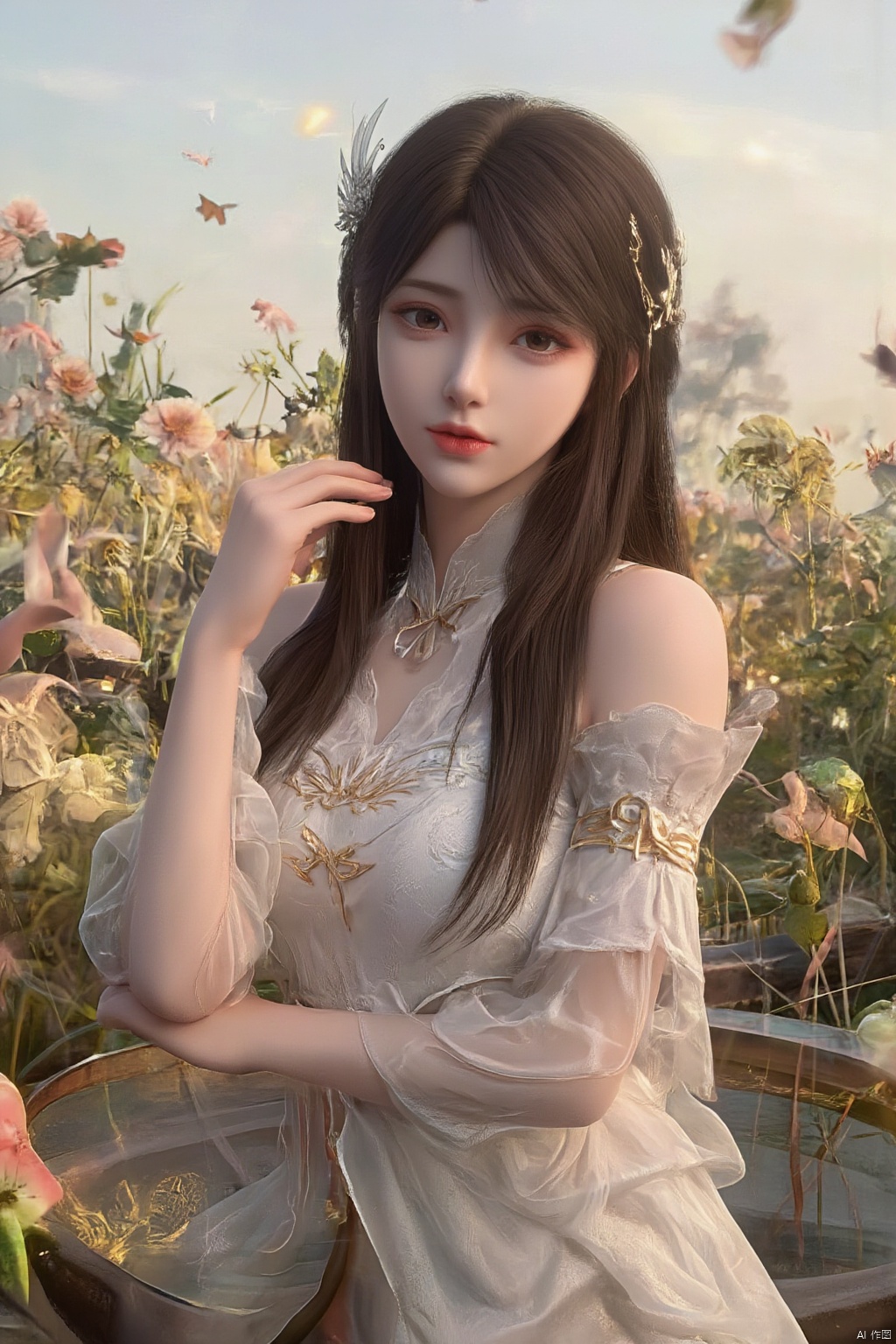  HDR, UHD, 8K, Highly detailed, best quality, masterpiece, 1girl, realistic, Highly detailed, (EOS R8, 50mm, F1.2, 8K, RAW photo:1.2), ultra realistic 8k cg,1 girl, solo focus,peafect body,Long hair,Messy hair,Bangs,hair between eyes,Sidelocks,Hair over shoulder,very long hair,shiny hair,floating hair,Bright eyes,big eyes,detailed eyes,beautiful eyes,hair ornament,hair flower,choker,frilled dress with lace,long dress,pleated dress,[loli],,outdoors,water,flower, in the ((sea of flowers)), flower field,meadow,beautiful detailed sky,feather,nature,(sunlight), skirt up,,moist skin, shiny skin, glossy skin, (best illumination, best shadow, extremely delicate and beautiful), perfect lighting, original, highres, dynamic angle, floating,depth of field, caustics,lens flare,warm lighting,(official art,beautiful and aesthetic:1.2),beautiful face, ultra detailed eyes, looking_at_viewer,kind smile,pose for picture,huolinger,, liuyifei, ((poakl)), Detail,wings,glint,glowing,(A crystal butterfly:1.4), XXE,Xxiaoxuner,Xhuolinger,Xhuijin,Xdajisi,,(big breasts:1.69)