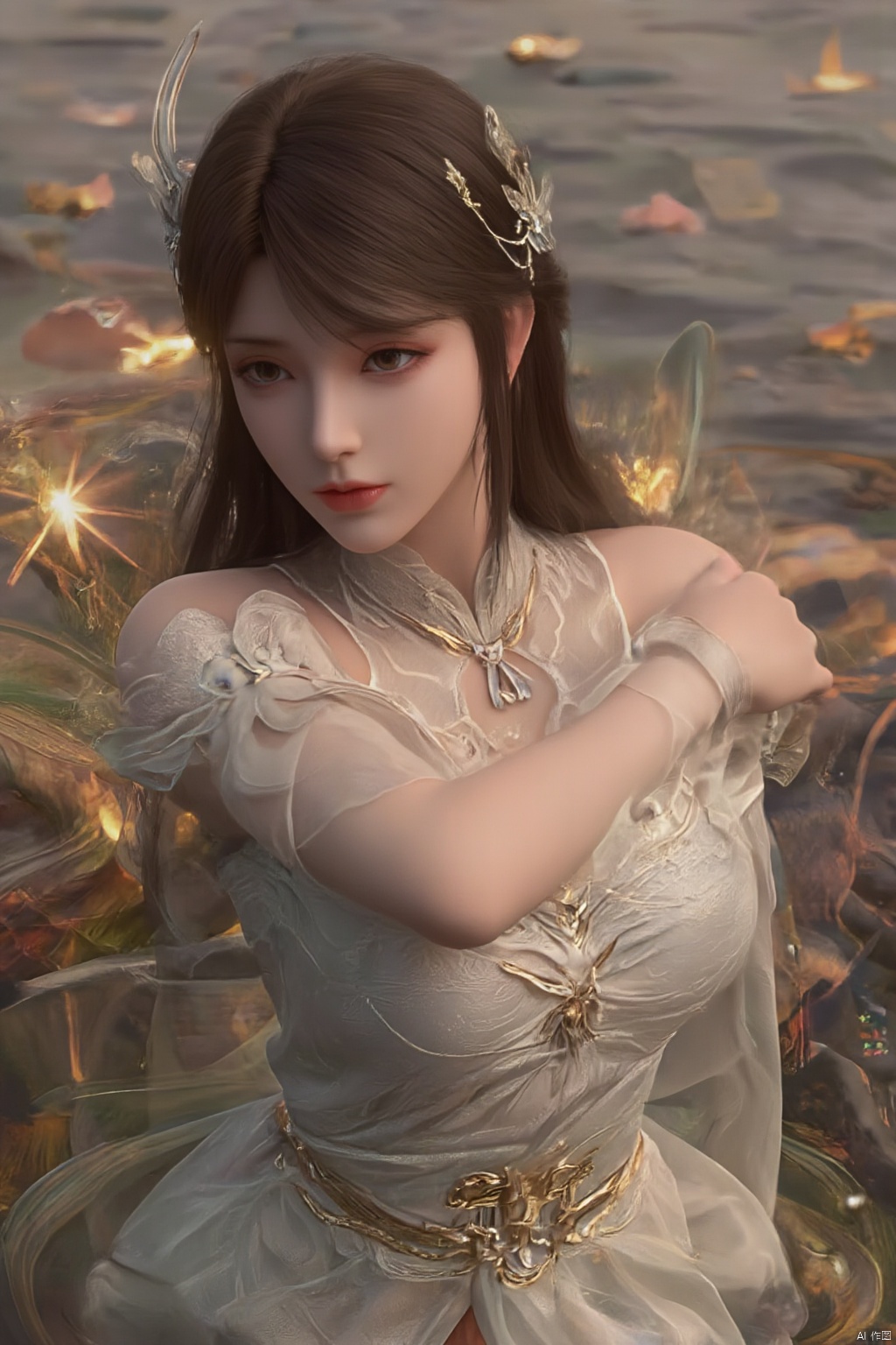 best quality, masterpiece, 1girl, realistic, Highly detailed, (EOS R8, 50mm, F1.2, 8K, RAW photo:1.2), ultra realistic 8k cg,1 girl, solo focus,peafect body,Long hair,Messy hair,Bangs,hair between eyes,Sidelocks,Hair over shoulder,very long hair,shiny hair,floating hair,Bright eyes,big eyes,detailed eyes,beautiful eyes,hair ornament,hair flower,choker,frilled dress with lace,long dress,pleated dress,[loli],,outdoors,water,flower, in the ((sea of flowers)), flower field,meadow,beautiful detailed sky,feather,nature,(sunlight), skirt up,,moist skin, shiny skin, glossy skin, (best illumination, best shadow, extremely delicate and beautiful), perfect lighting, original, highres, dynamic angle, floating,depth of field, caustics,lens flare,warm lighting,(official art,beautiful and aesthetic:1.2),beautiful face, ultra detailed eyes, looking_at_viewer,kind smile,pose for picture,huolinger,, liuyifei, ((poakl)), Detail,wings,glint,glowing,(A crystal butterfly:1.4), XXE,Xxiaoxuner,Xhuolinger,Xhuijin,Xdajisi,,(big breasts:1.69)