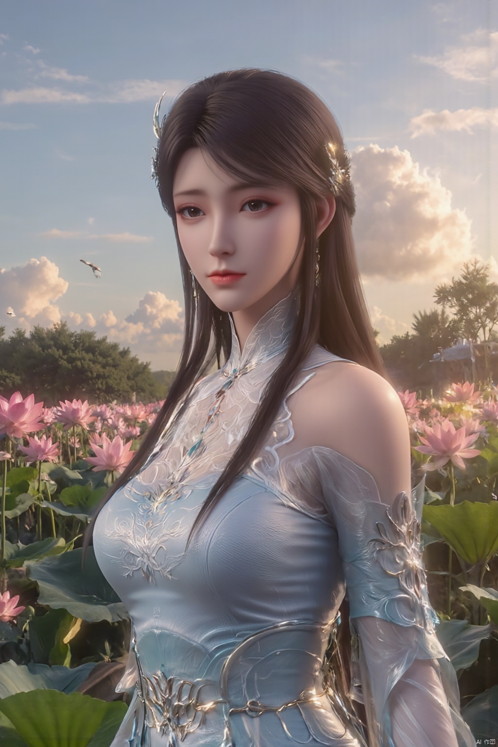 best quality, masterpiece, 1girl, realistic, Highly detailed, (EOS R8, 50mm, F1.2, 8K, RAW photo:1.2), ultra realistic,1 girl, solo focus,peafect body,Long hair,Messy hair,Bangs,hair between eyes,Sidelocks,Hair over shoulder,very long hair,shiny hair,floating hair,Bright eyes,big eyes,detailed eyes,beautiful eyes,hair ornament,hair flower,choker,outdoors,water,flower, in the ((sea of flowers:1.29)), flower field,meadow,beautiful detailed sky,feather,nature,(sunlight),moist skin, shiny skin, glossy skin, perfect lighting, original, highres, dynamic angle, floating,depth of field, caustics,lens flare,warm lighting,(official art,beautiful and aesthetic:1.2),beautiful face, ultra detailed eyes, looking_at_viewer,kind smile,pose for picture,Detail,wings,glint,glowing,(Lotus pond, lotus:1.39), XXE,Xxiaoxuner,Xhuolinger,Xhuijin,Xdajisi,,(big breasts:1.89)