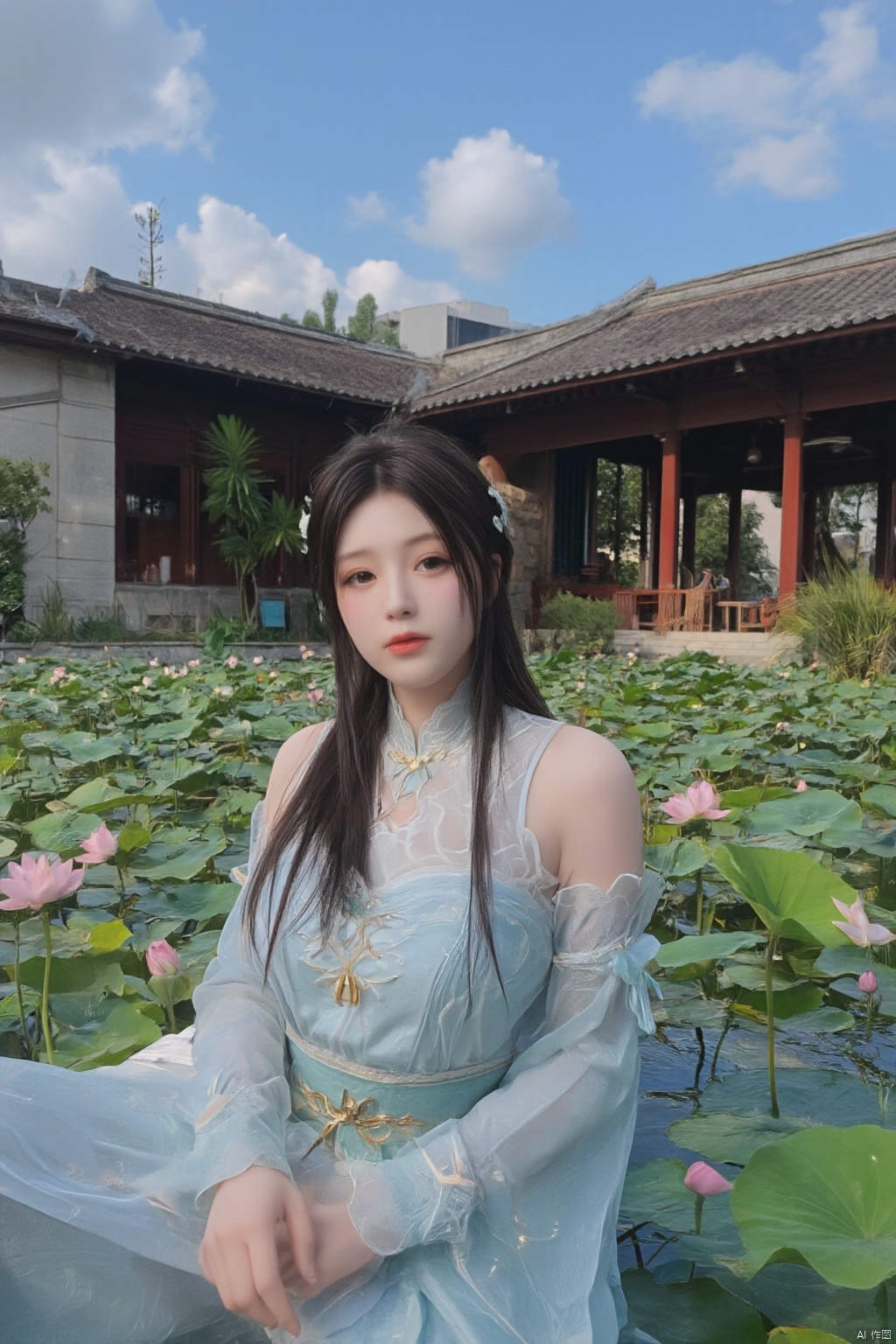 1girl,Xxiaoxuner,Lotus, blue sky, white clouds, and ancient Chinese architecture in the background, ,(huge breasts:1.59),(Sitting on the lotus pond porch:1.49) ,(A pond full of pink lotus flowers:1.5),Xyunxiao,Xsonghanfu,Xheziqun,Xhuolinger