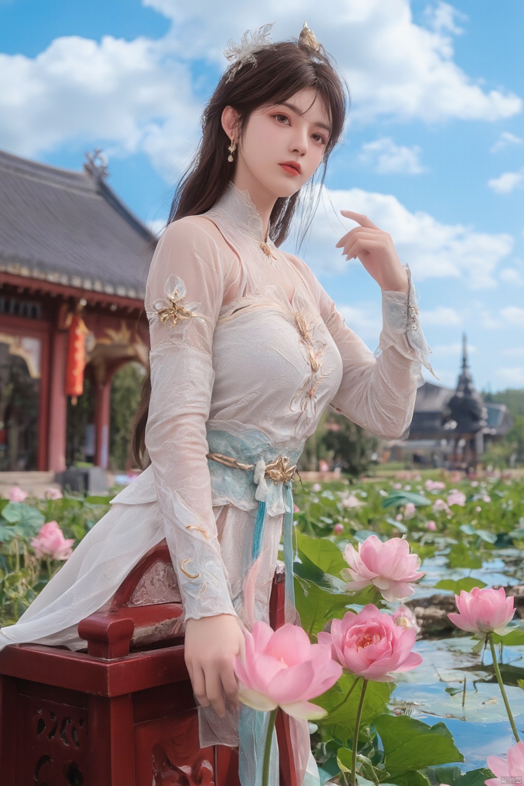 1girl,Xxiaoxuner,Lotus, blue sky, white clouds, and ancient Chinese architecture in the background, ,(huge breasts:1.59),(Sitting on the lotus pond porch:1.49) ,(A pond full of pink lotus flowers:1.5),Xyunxiao,Xsonghanfu,Xheziqun,Xhuolinger