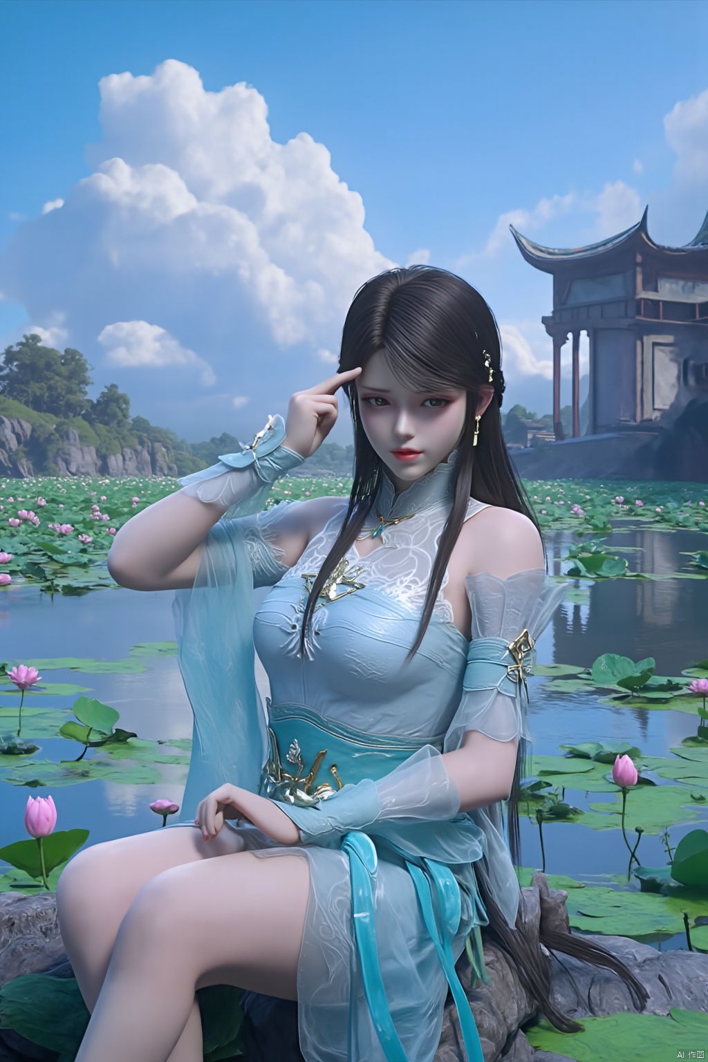 1girl,Xxiaoxuner,Lotus, blue sky, white clouds, and ancient Chinese architecture in the background, ,(huge breasts:1.59),(Sitting on the lotus pond porch:1.49) ,(A pond full of pink lotus flowers:1.5),Xyunxiao