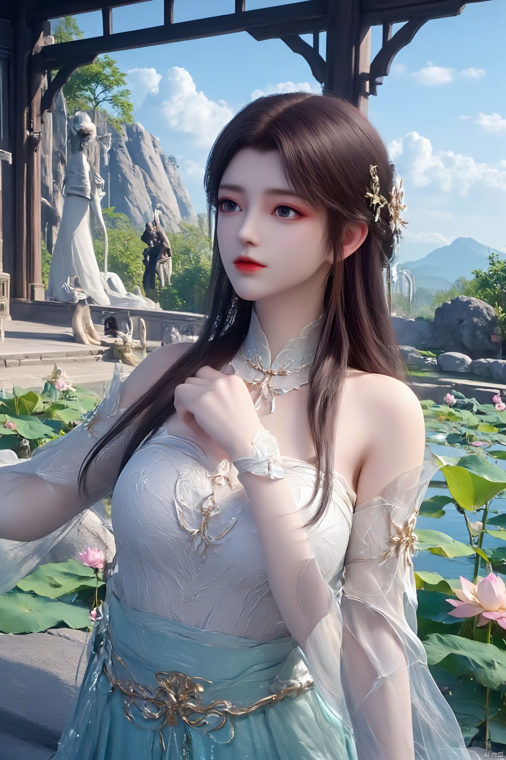 1girl,Xxiaoxuner,Lotus, blue sky, white clouds, and ancient Chinese architecture in the background, ,(huge breasts:1.59),(Sitting on the lotus pond porch:1.49) ,(A pond full of pink lotus flowers:1.5),Xyunxiao,Xsonghanfu,Xheziqun,Xhuolinger