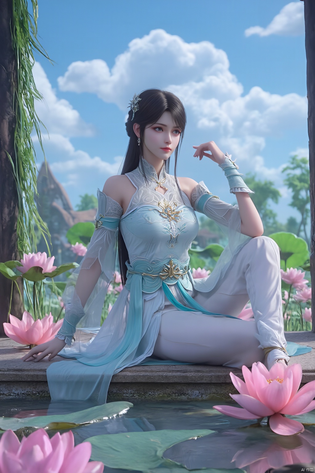 1girl,Xxiaoxuner,Lotus, blue sky, white clouds, and ancient Chinese architecture in the background, ,(huge breasts:1.59),(Sitting on the lotus pond porch:1.49) ,(A pond full of pink lotus flowers:1.5),Xyunxiao,Xsonghanfu,Xheziqun,Xhuolinger