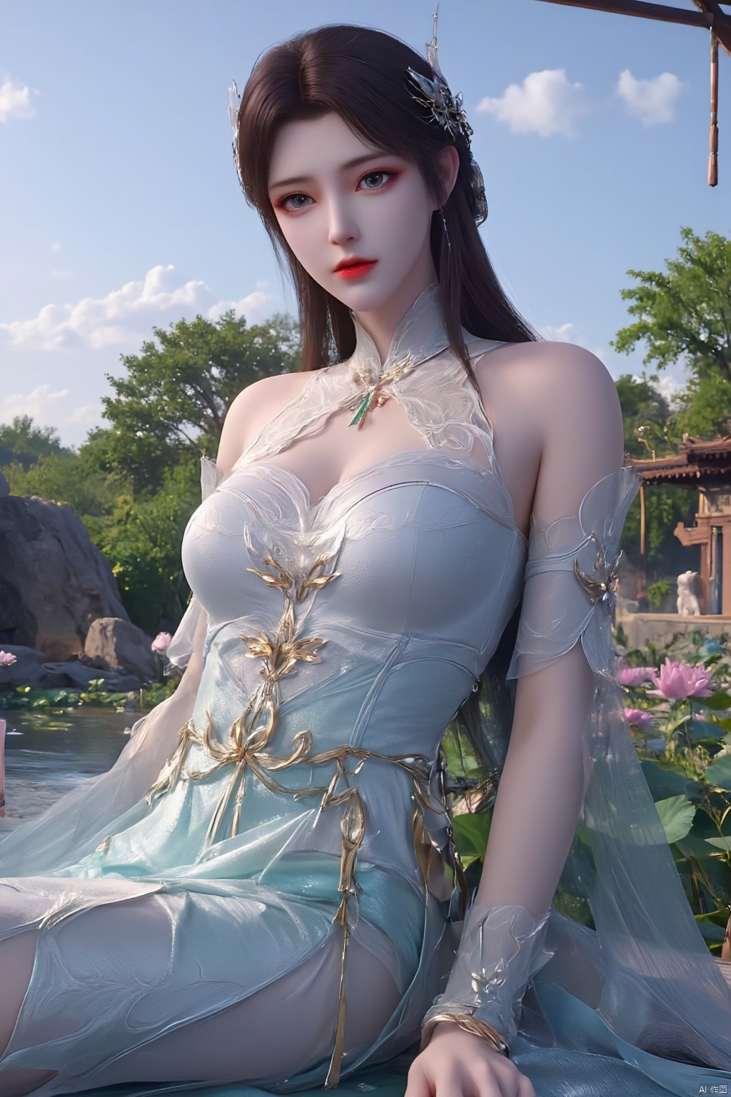 1girl,Xxiaoxuner,Lotus, blue sky, white clouds, and ancient Chinese architecture in the background, ,(huge breasts:1.59),(Sitting on the lotus pond porch:1.49) ,(A pond full of pink lotus flowers:1.5),Xyunxiao,Xsonghanfu,Xheziqun,Xhuolinger