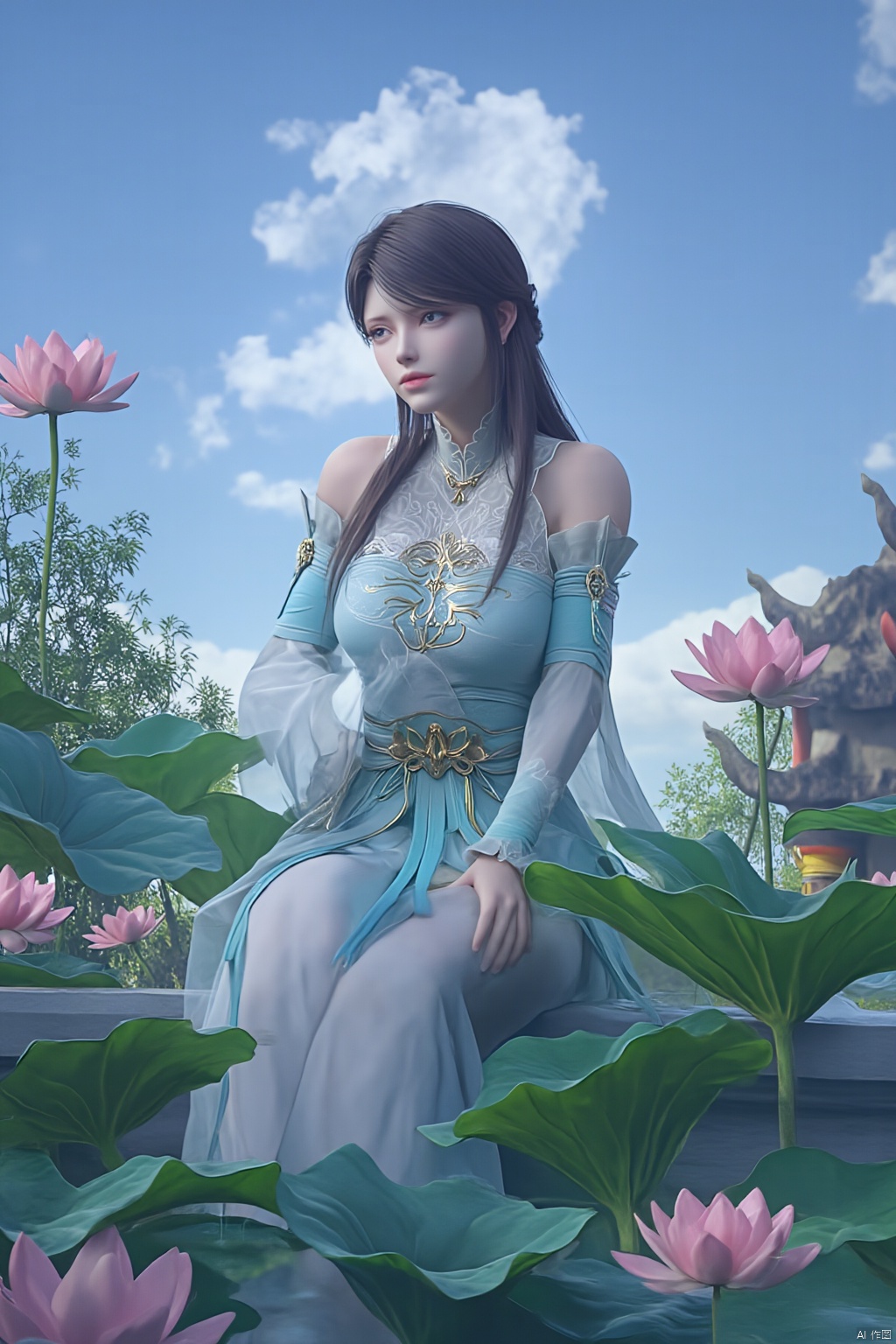 1girl,Xxiaoxuner,Lotus, blue sky, white clouds, and ancient Chinese architecture in the background, ,(huge breasts:1.59),(Sitting on the lotus pond porch:1.49) ,(A pond full of pink lotus flowers:1.5),Xyunxiao