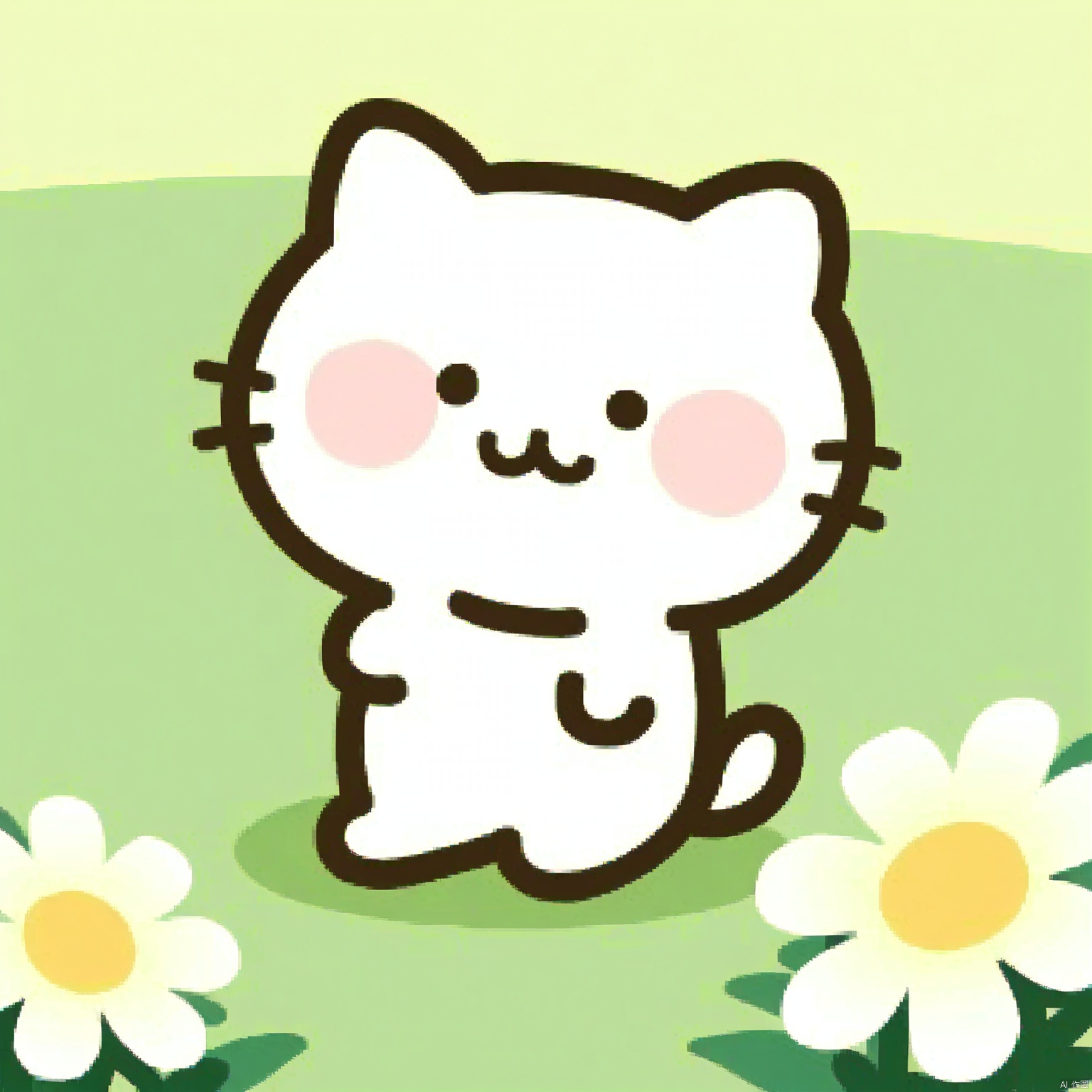 a white cartoon cat, solo, smile, no human,small black eyes, sitting in the grass, flower,cartoon