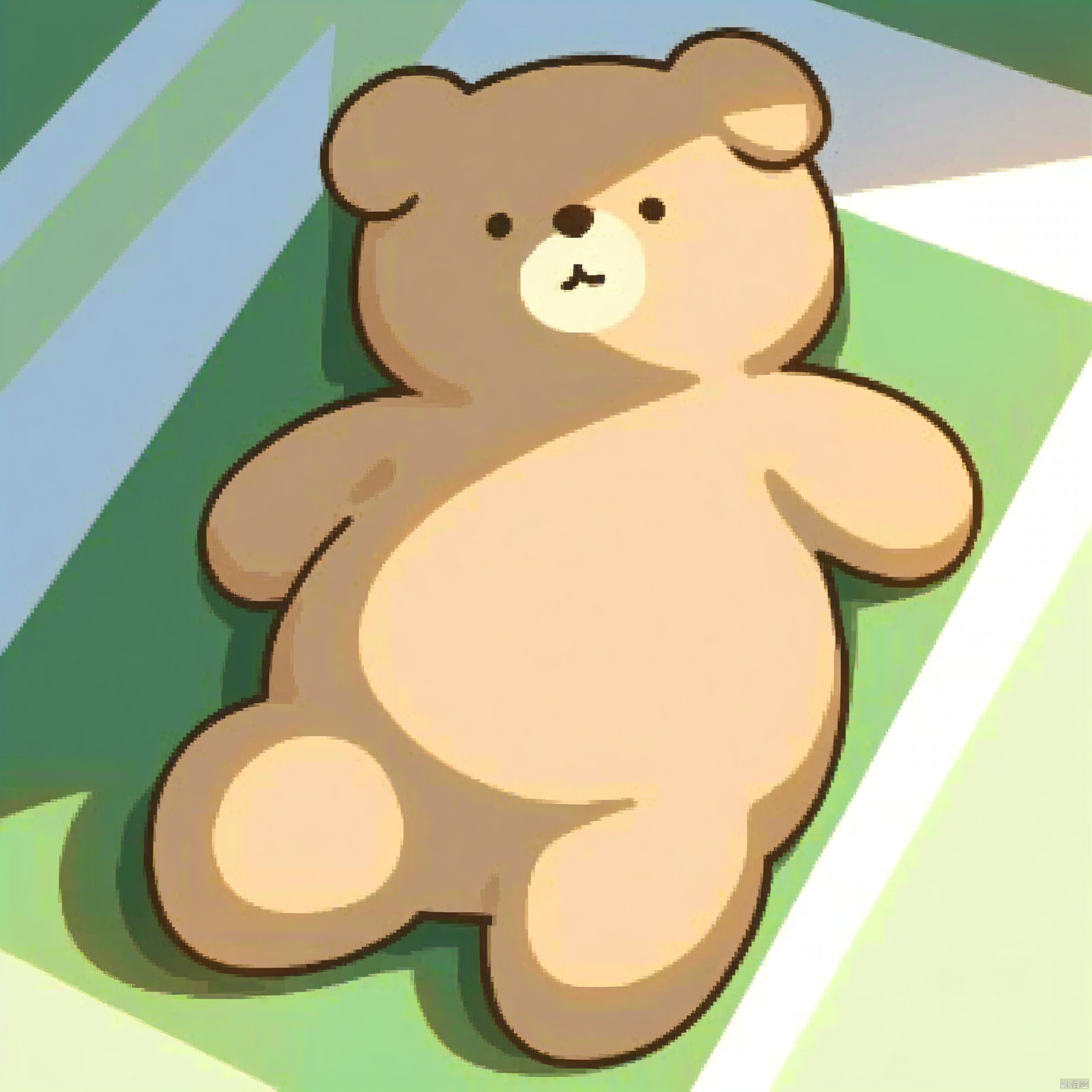 bestquality, 1 cartoon teddy bear, no human, solo, relaxed, round face, small black eyes, dumpy body, lying on a picnic blanket.
