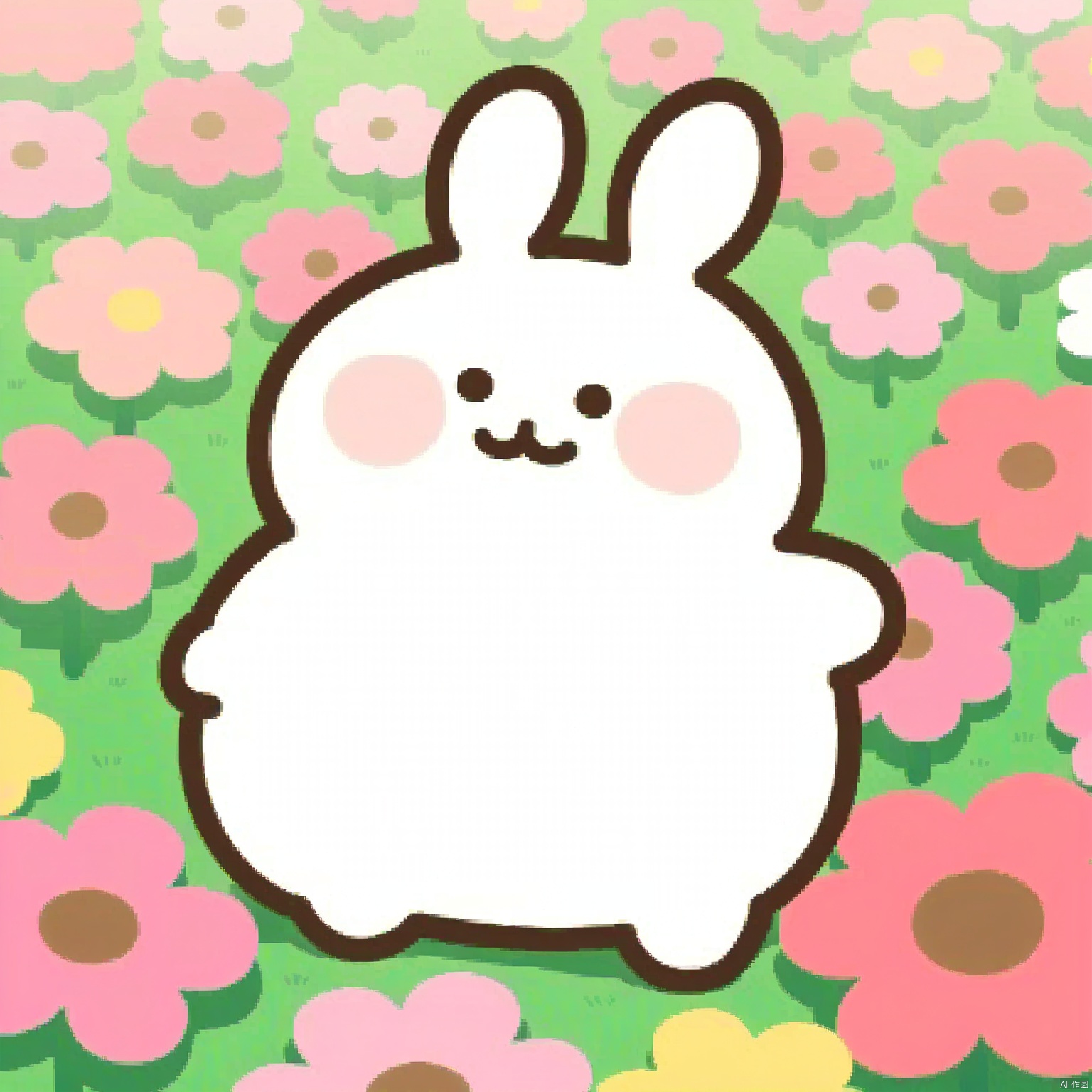 bestquality, 1 cartoon rabbit, no human, solo, smile, round face, small black eyes, dumpy body, cartoon, sitting in a field of flowers.