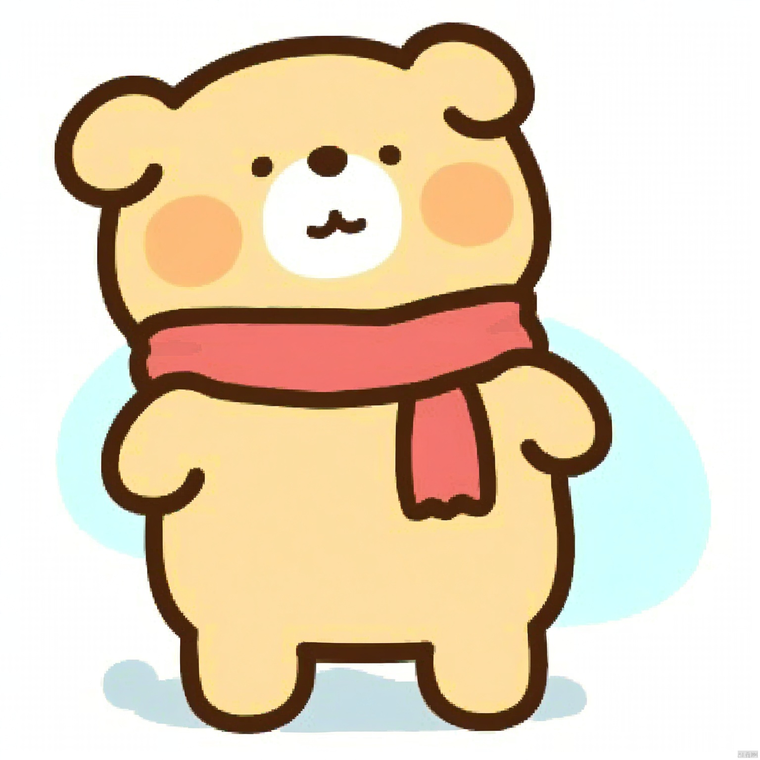 a cute cartoon bear, no human, solo, grinning, blue eyes, dumpy body, brown fur, wearing a red scarf, standing on a snowy mountain.