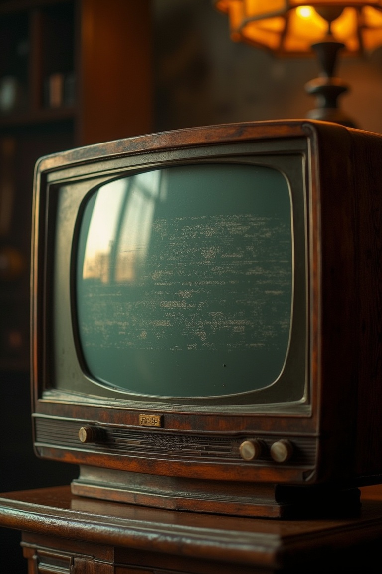 A high-resolution DSLR image of an old model television,  capturing its vintage design and details. The television has a w...