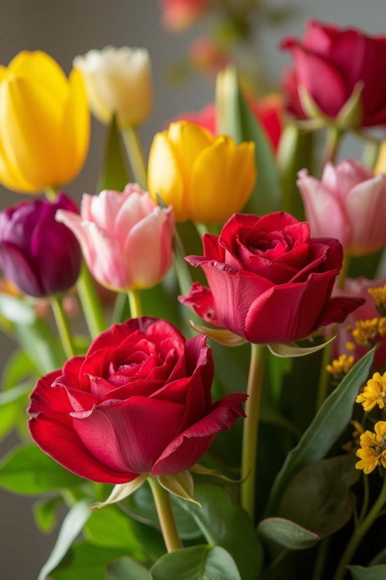 A high-resolution DSLR image showcasing a vibrant bouquet of roses and tulips. The flowers are arranged elegantly,  with t...